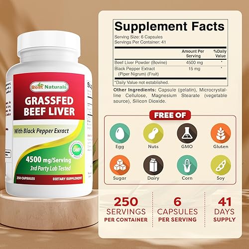 Miniatura 2 de Best Naturals Cápsulas de hígado de carne alimentada con pasto, 4500 mg, 250 unidades, suplemento desecado, producción de energía, desintoxicación,