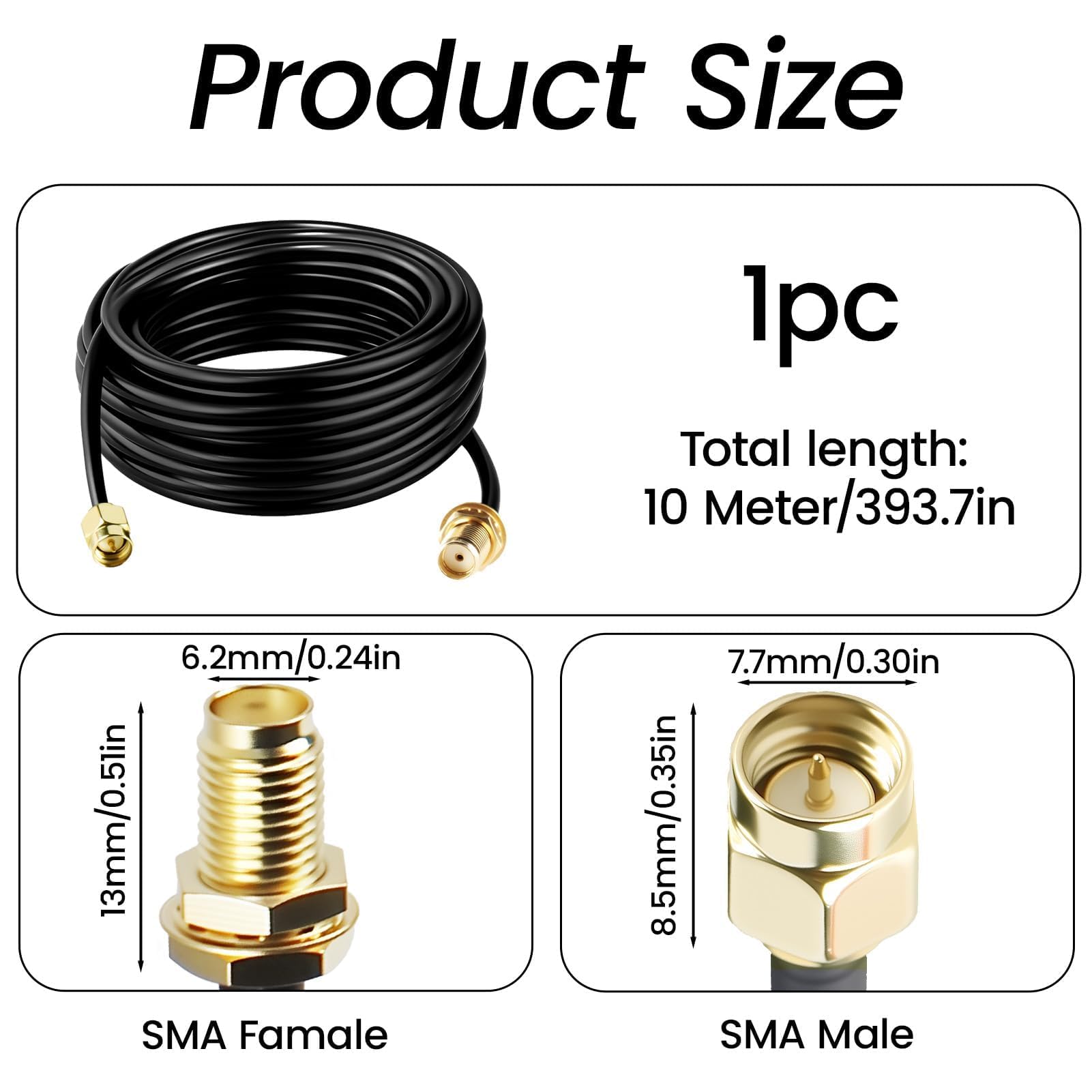 Cable D'extension SMA RG174, 10M Câble Rallonge Antenne WIFI Mâle vers Femelle Adaptateur Cable Coaxial TV 5G 4G Exterieur pour LTE GSM GPS Routeur Modem Scanner Radio Ham Camera SDR Récepteur ADS-B