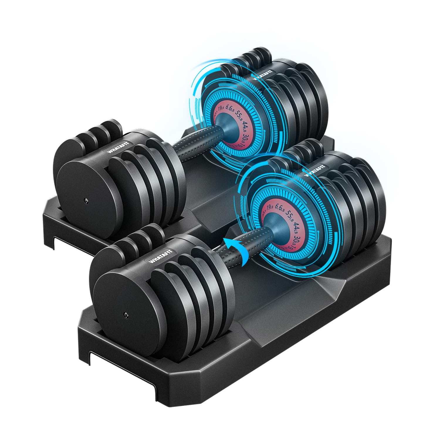 WHATAFIT Adjustable Dumbbell Set, 55 lb Single Dumbbell Set with Tray for Men and Women, Fast Adjust Weight with Anti-Slip Handle for Strength Training Workout Equipment