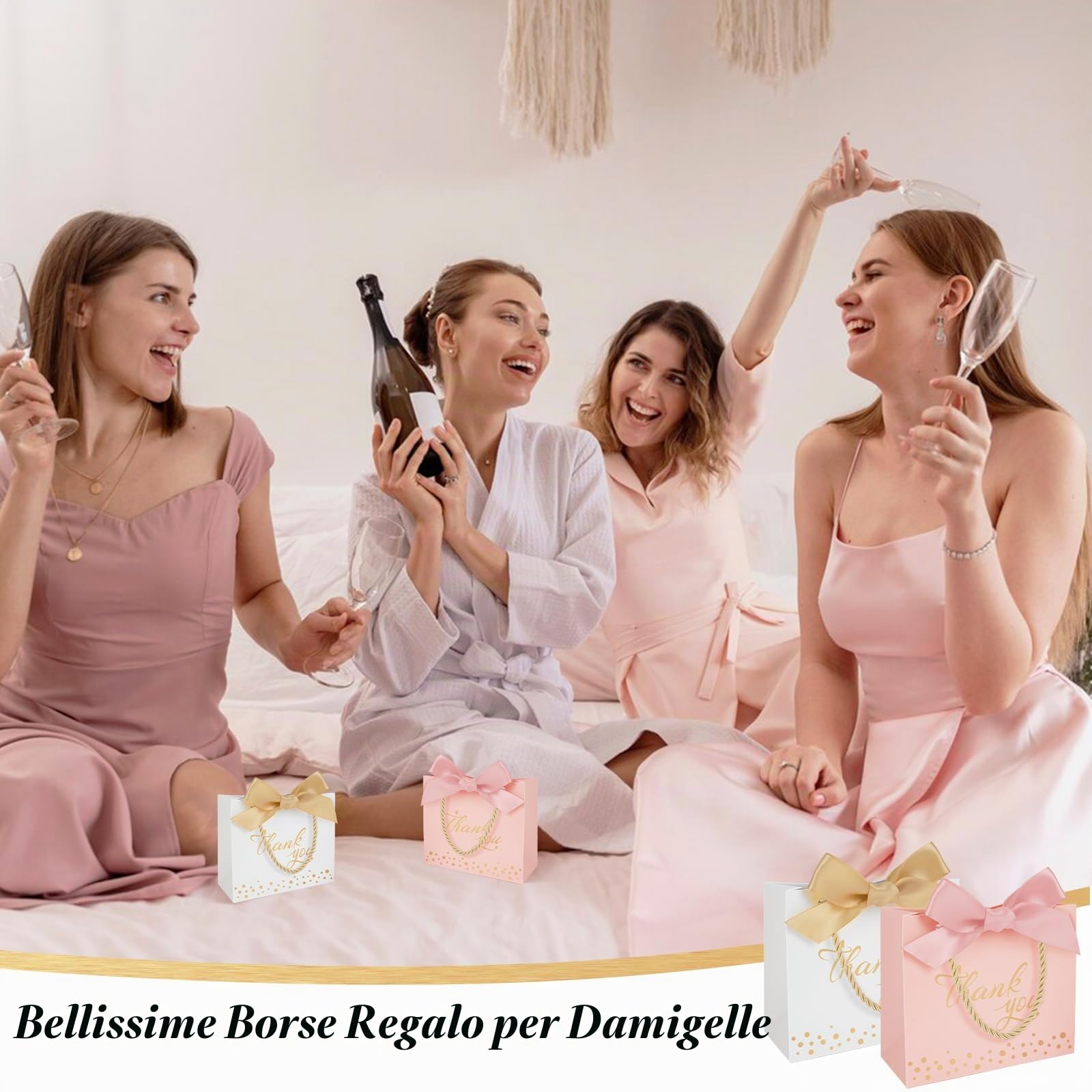 100PZ Piccoli Sacchetti Regalo di Ringraziamento con Manici-14x6x12cm | Bianco Sacchetti Regalo di Ringraziamento, Sacchetto Regalo Con Fiocco Oro per Matrimonio Compleanno Doccia Nuziale Lauree