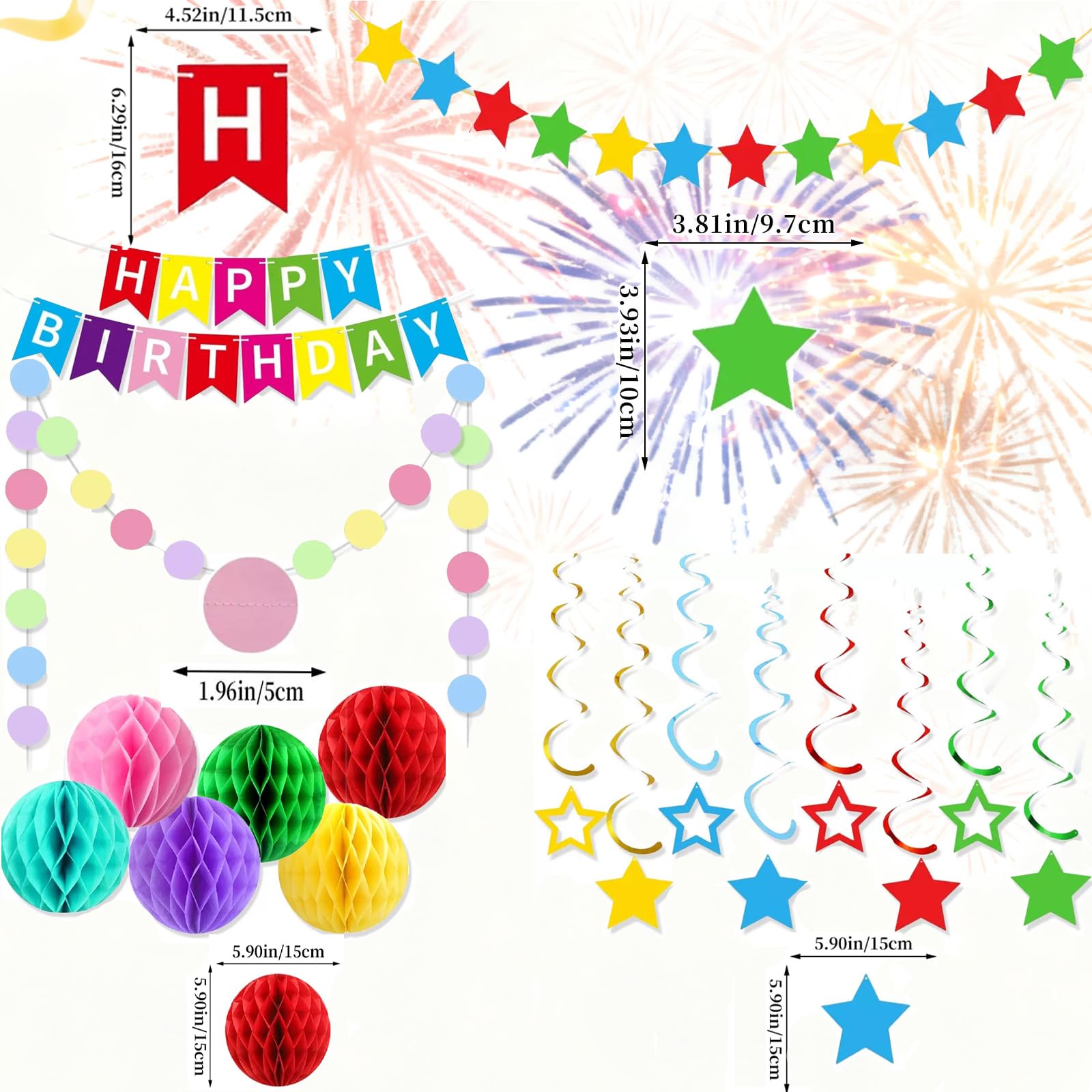 Condition photo showing New/Like New for colorful rainbow birthday party decorations kit with honeycomb balls, rainbow stars hanging swirl streamers, circle dots garland, happy birthday party decorations for women men boys girls