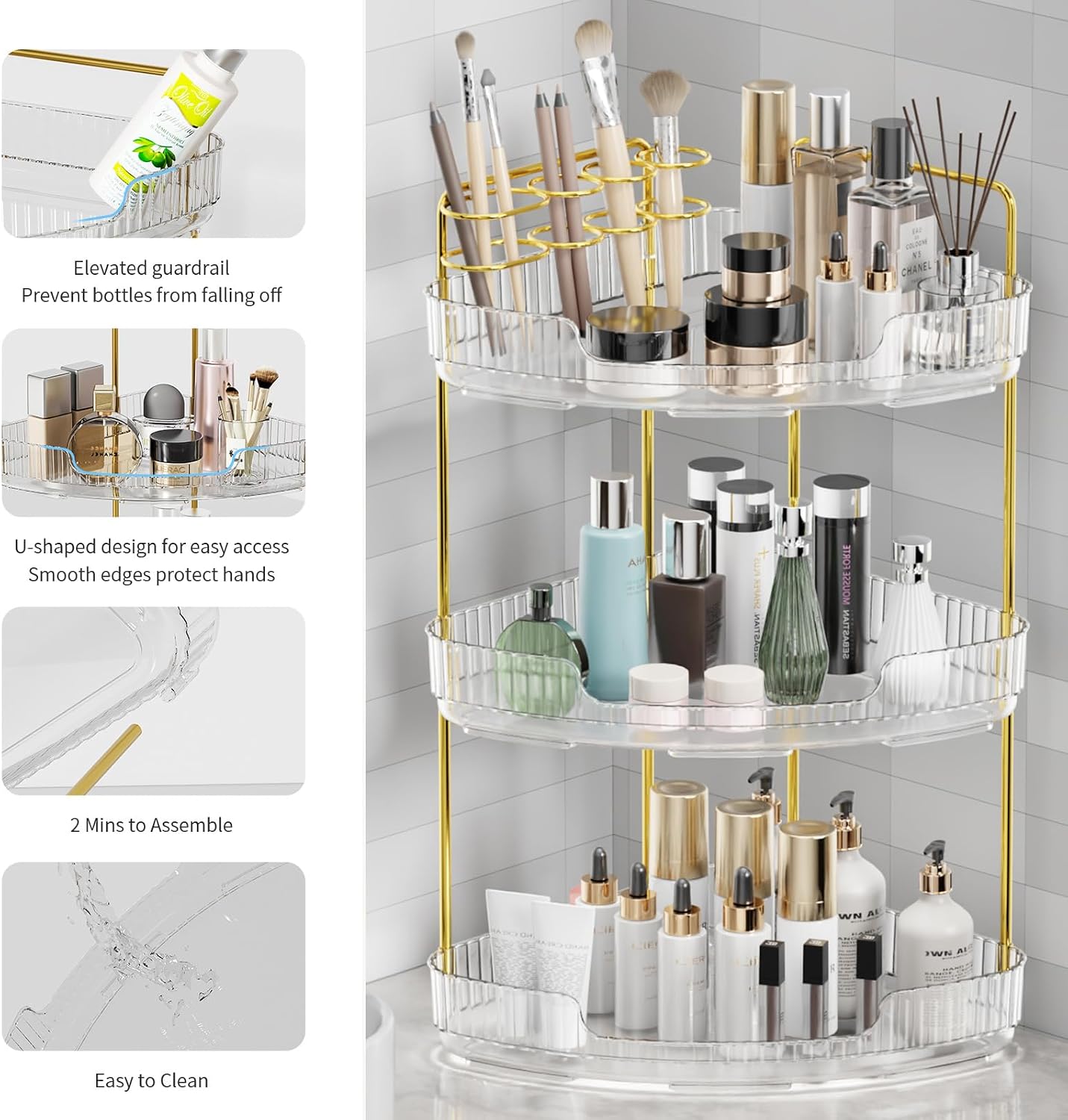 3-Tier Corner Bathroom Organizer Shelf, Perfume & Makeup Storage, (Crystal)