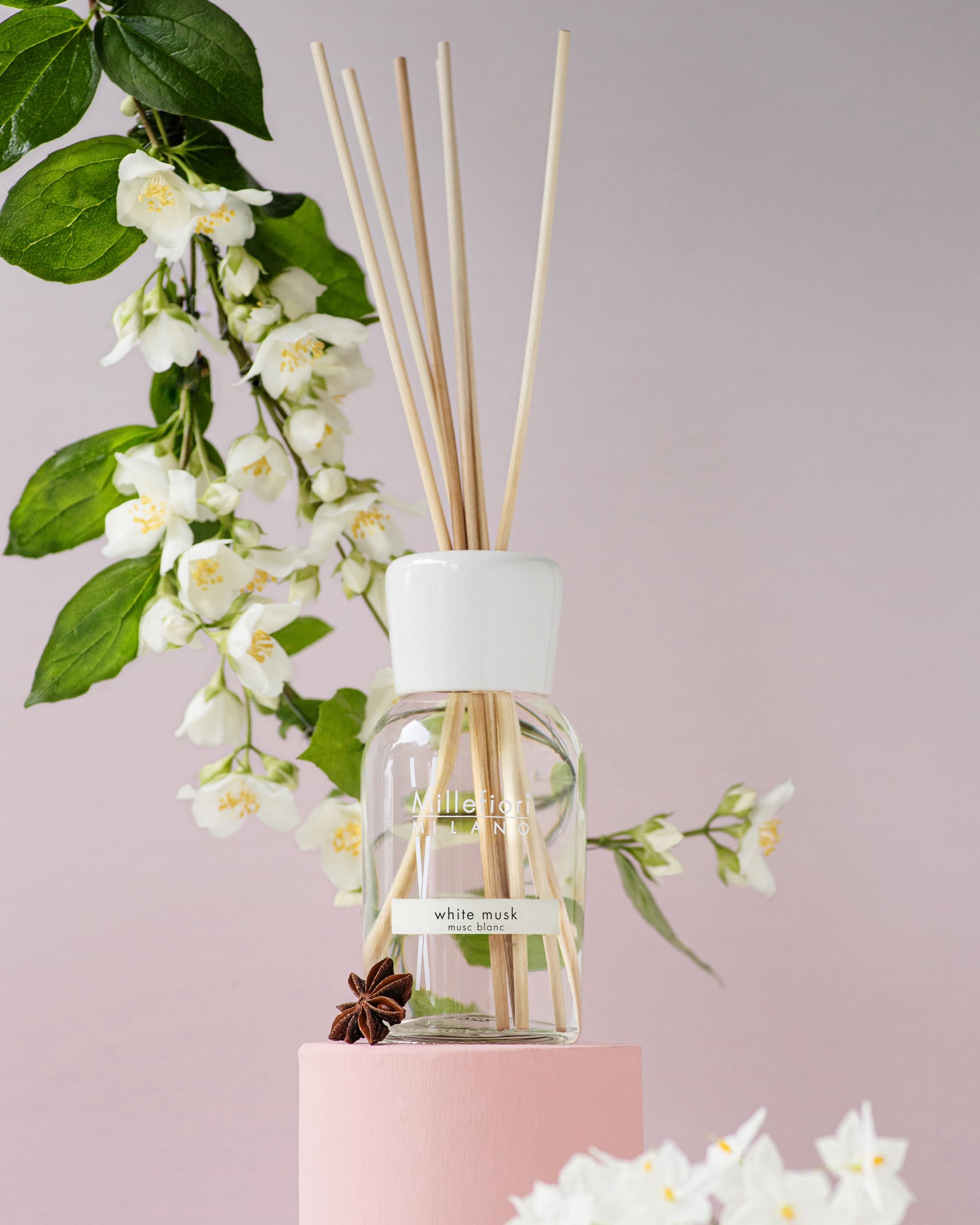 Millefiori Milano Difusor de Varillas en Rattan 100 ml White Musk – Aroma Talcado Floral con Almizcle Blanco, Iris y Vainilla