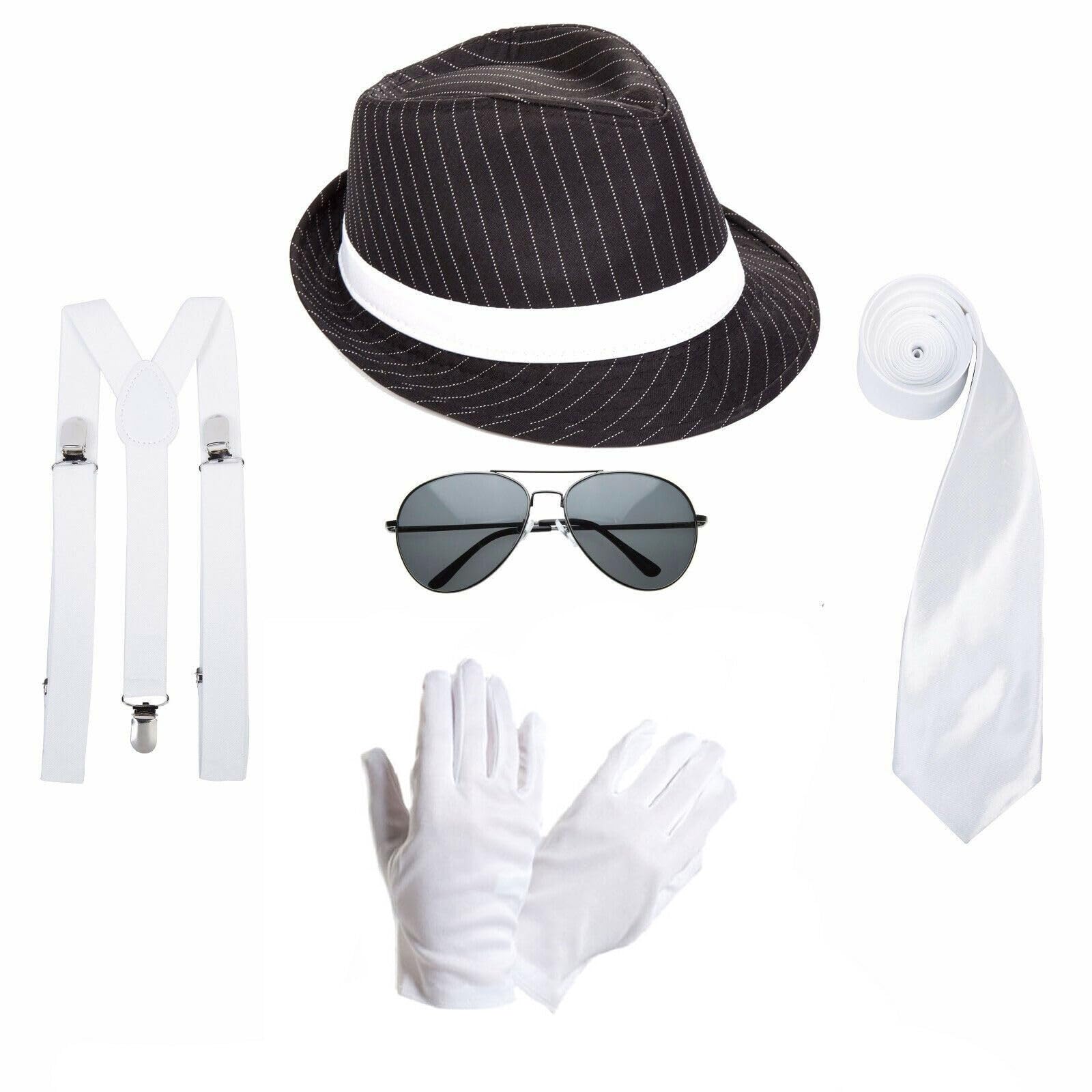 RockParty Michael Jackson Costume Accessories Set Fedora Hat, White Gloves, Tie, Braces & Aviator Sunglasses King of Pop Tribute Fancy Dress for Adults & Teens (White)