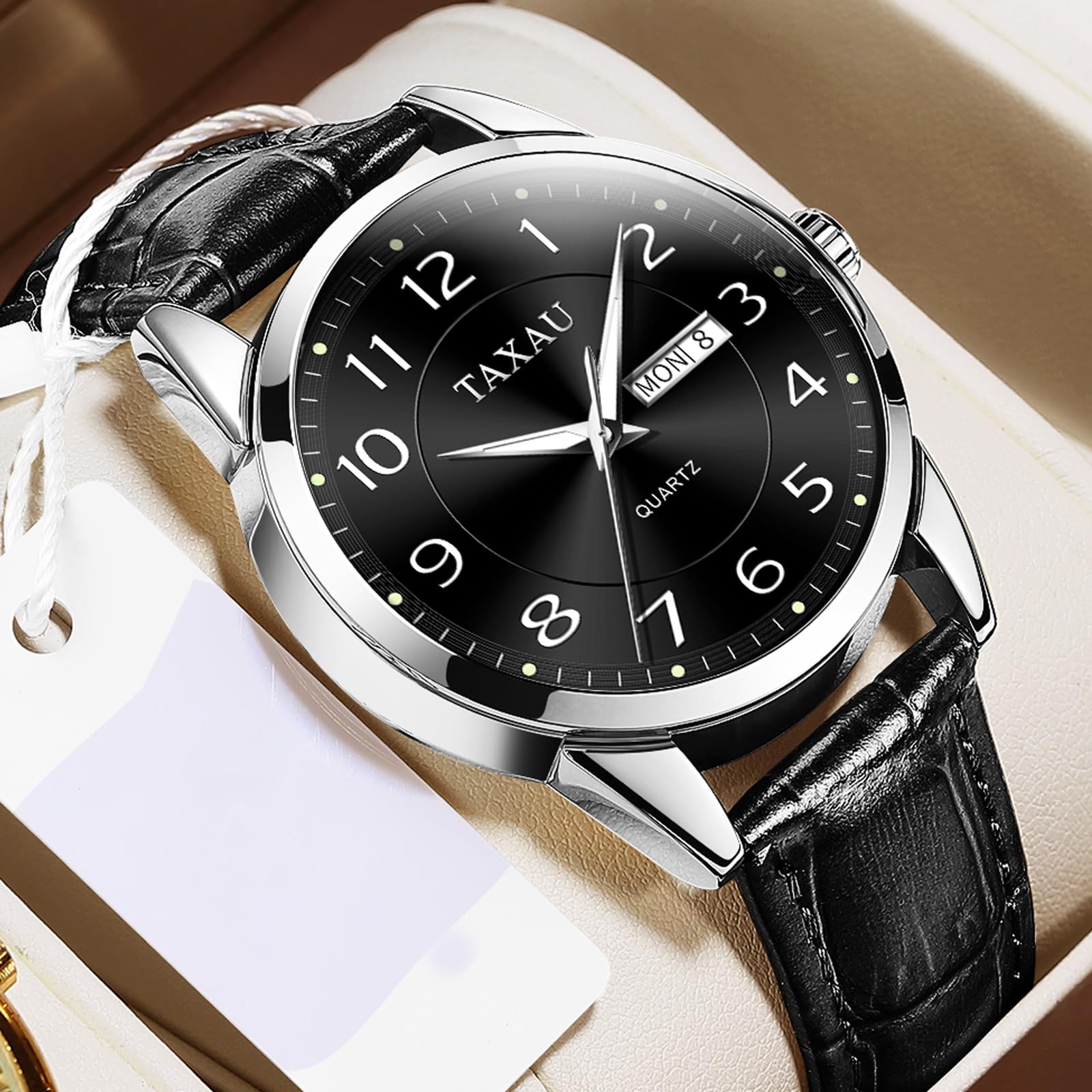 Taxau Men Leather Watch Dress Watches for Men Black Band Waterproof Mens Watch Analog Quartz Men's Wrist Watch with Date Day, Arabic Number, Water Resistant Luminous Large Face