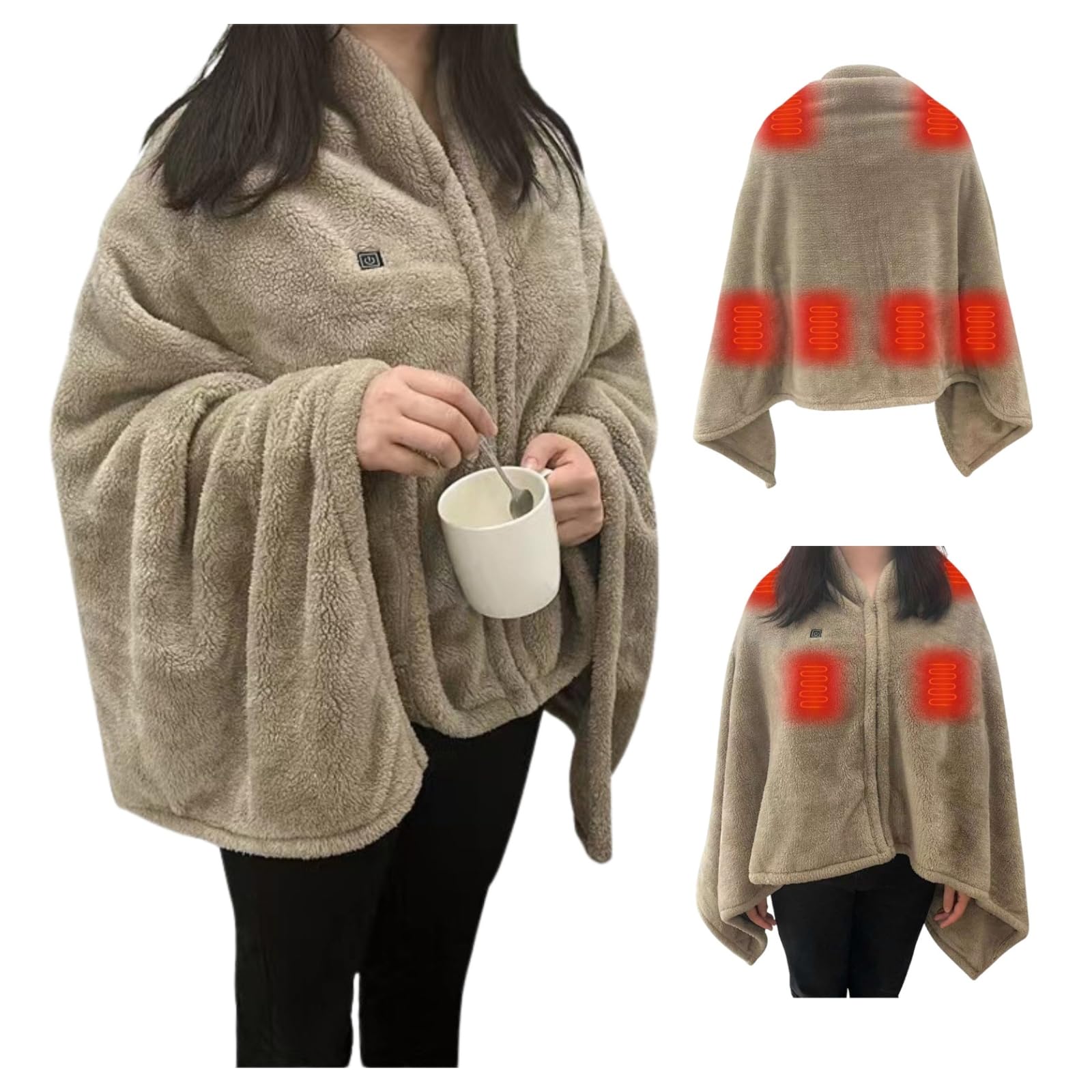 Heated Shawl Wearable Electric Blanket USB Rechargeable Body Cover Blanket 3 Mode Adjustable Soft Comfortable Blanket Machine Washable Khaki 31