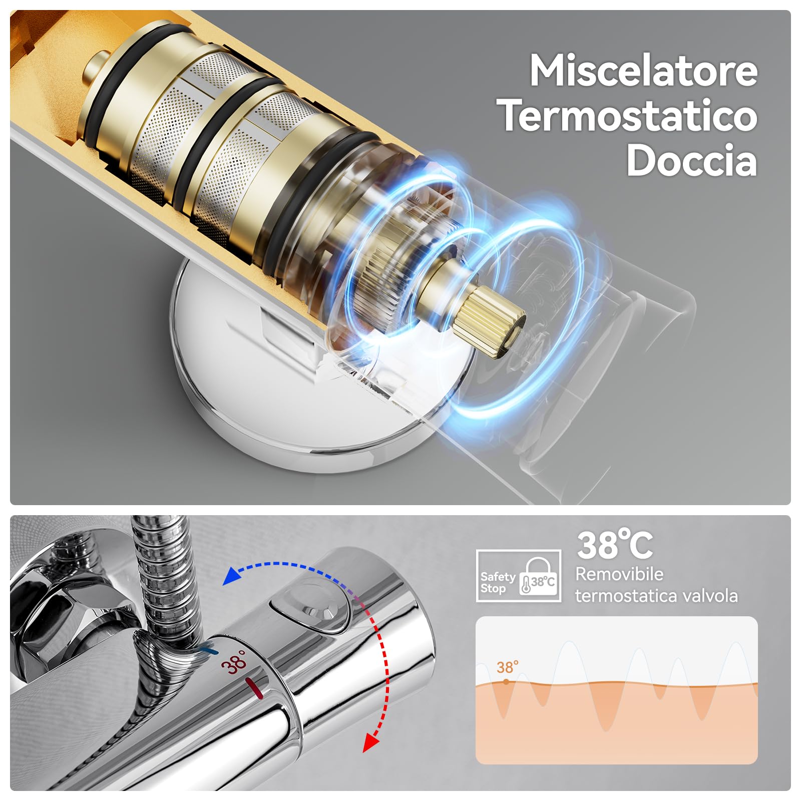 Auralum Colonna Doccia con Miscelatore Termostatico, Set Doccia con Soffione Doccia ∅25cm e Doccetta 3 Funzioni, Colonna Doccia con Asta Saliscendi Doccia Altezza Regolabile 102-125cm, Cromo
