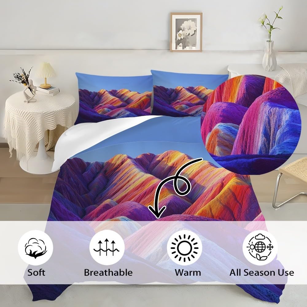 Zestaw pościeli 180, kolorowa podwójna poszwa na kołdrę 260 x 240 cm mikrofibra miękka i wygodna sceneria górska tęcza zestaw poszewek na kołdrę z zamkiem błyskawicznym dla rodziny i dzieci
