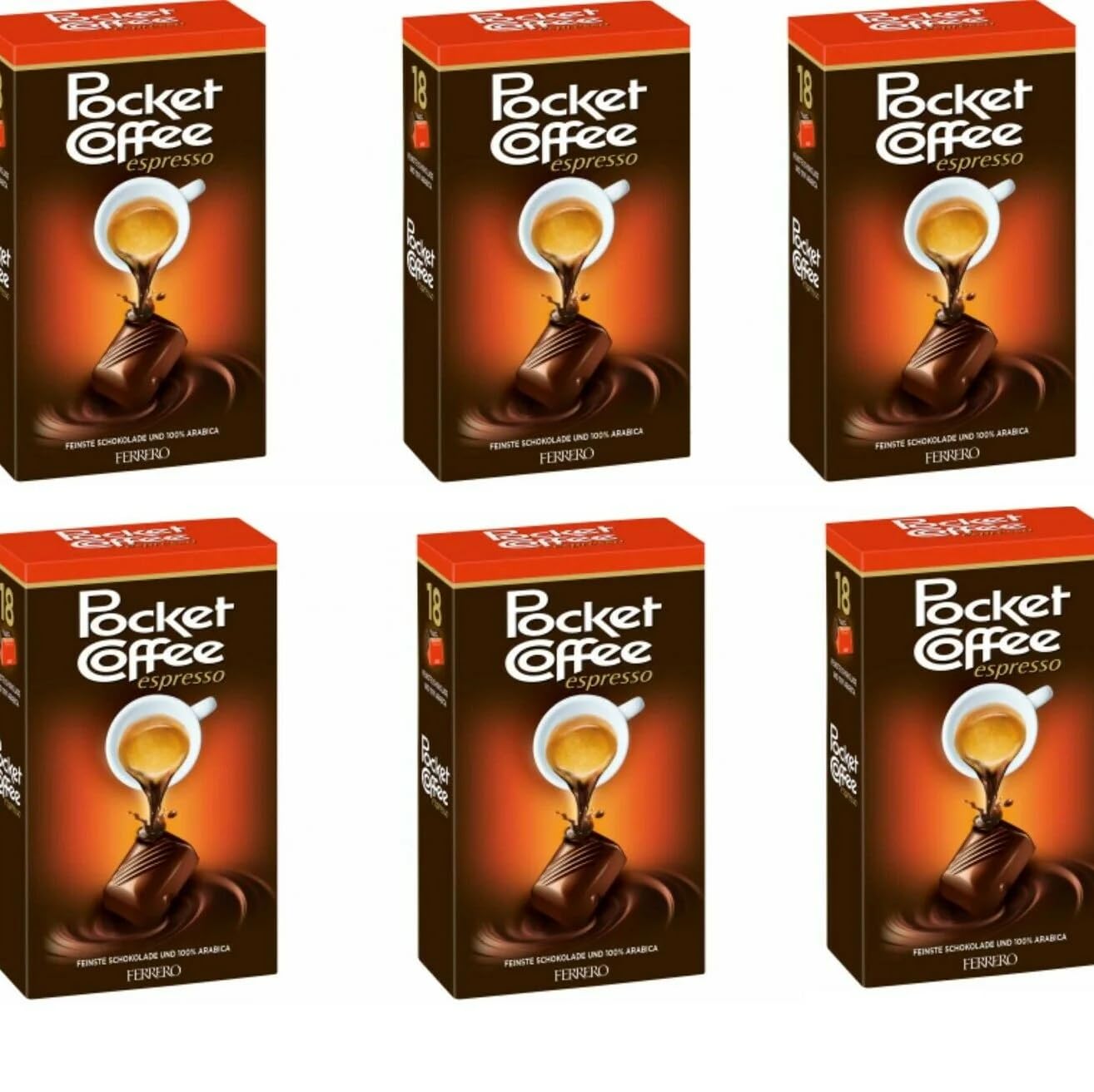 Fererro Pocket Coffee Chocolate, Espresso Chocolate On The Go, 100% Arabica Dark CHocolate Candy Filled WIth Espresso, 6-18 Piece Packs (108 Piece Case)