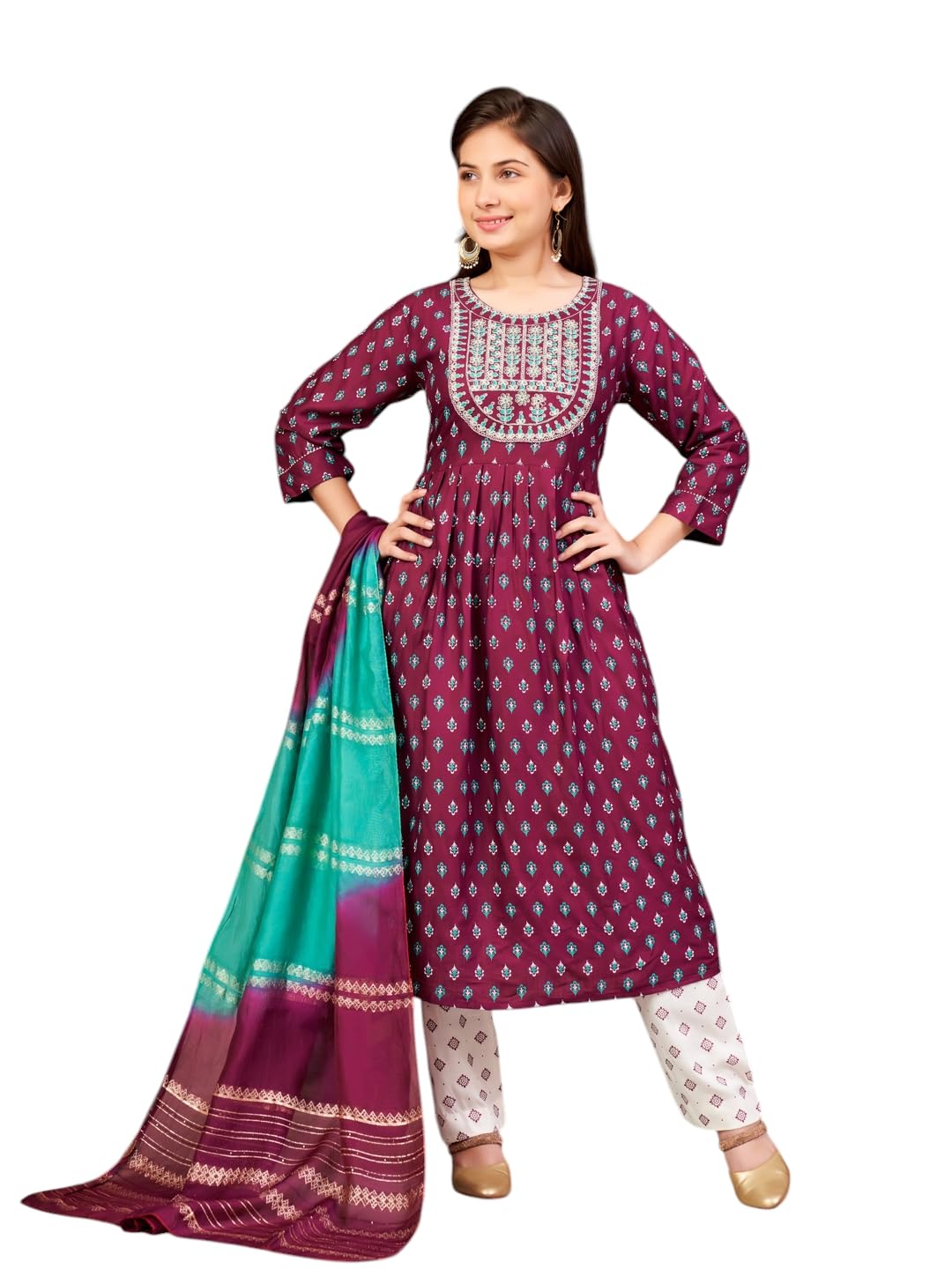 Aarika Girls Ethnic Wear Purple-White Colour Floral Print Rayon Kurti Pant Set-8-15 Years (Kp-Sd-5869)
