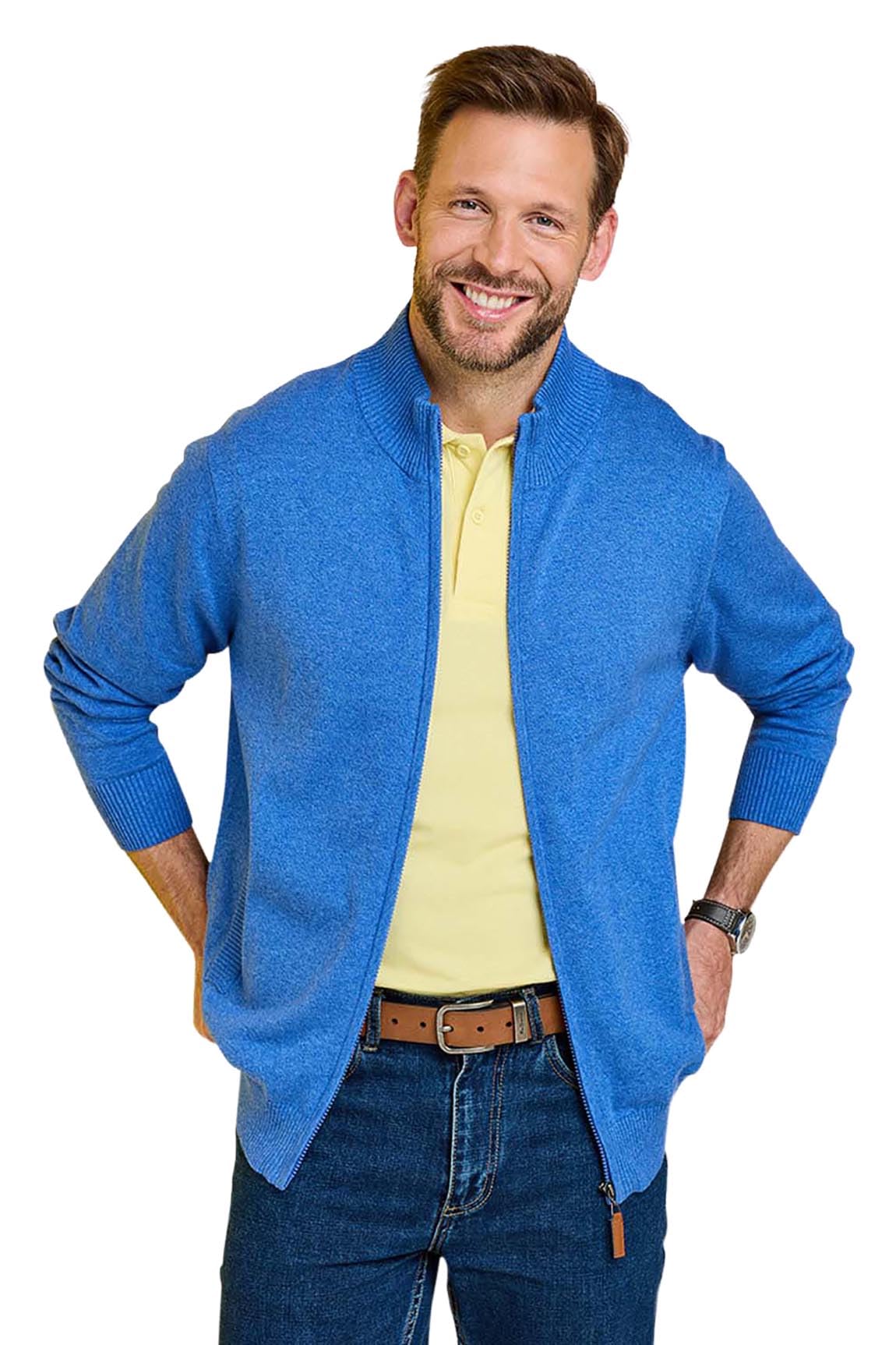 Pegasus Men's Royal Blue Luxury Yarn Zip Cardigan, Smart Casual Cotton Knit Jacket With Pockets & Contrast Inner Collar L