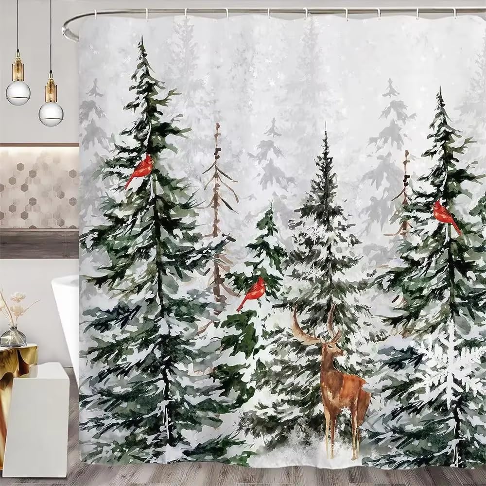Rideau de douche anti-projections Noël, décor forêt enneigée rustique étanche 123x205cm