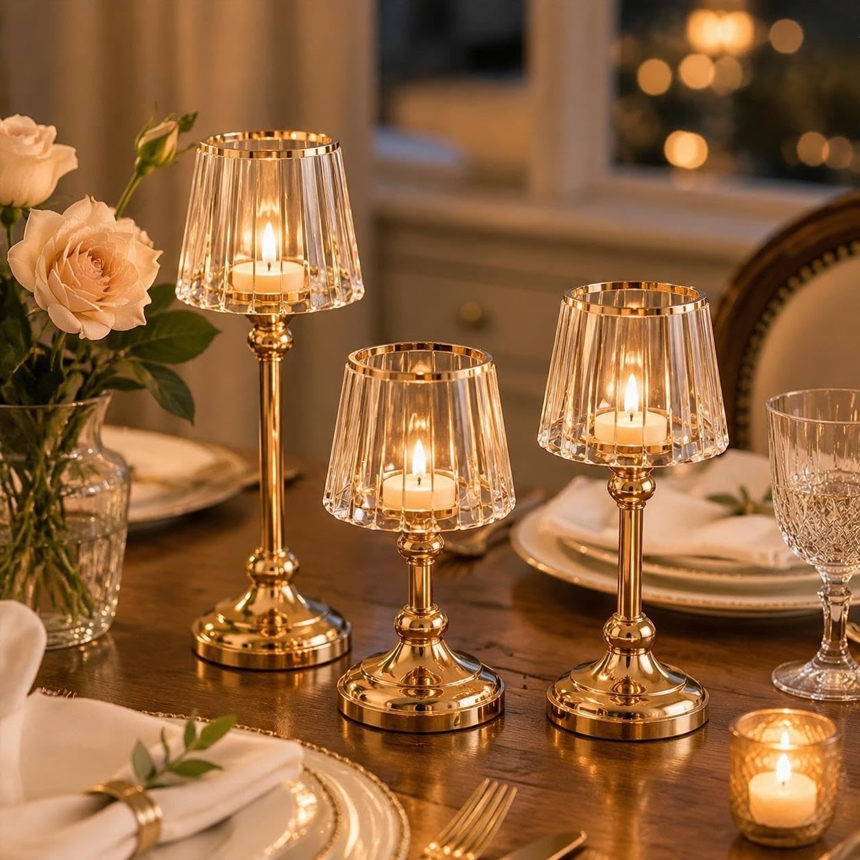 3 candelieri cristallo K9 dorati, decor tavola nozze