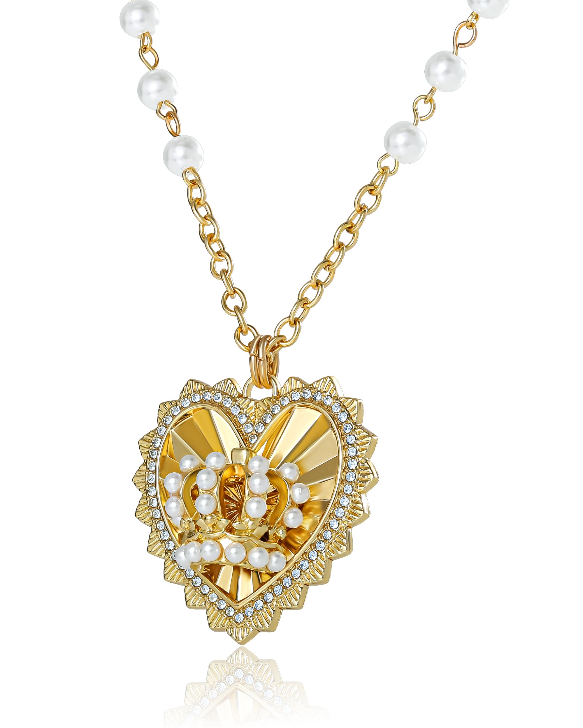 Juicy Couture Logo Crown Heart Necklace for Women, 20"+2" Gold-Tone with Crystals and Faux Pearls