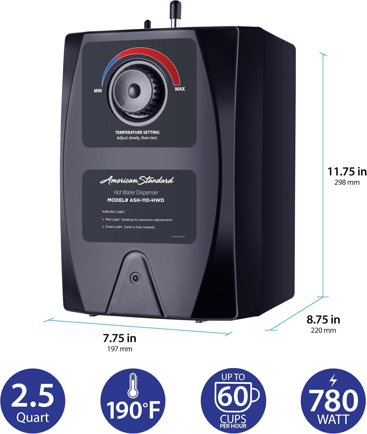 American Standard ASH-110 Hot Water Dispenser, Includes Brushed Nickel Single Handle Faucet 780 Watts, 110v Includes Brushed Nickel Hot-only Faucet