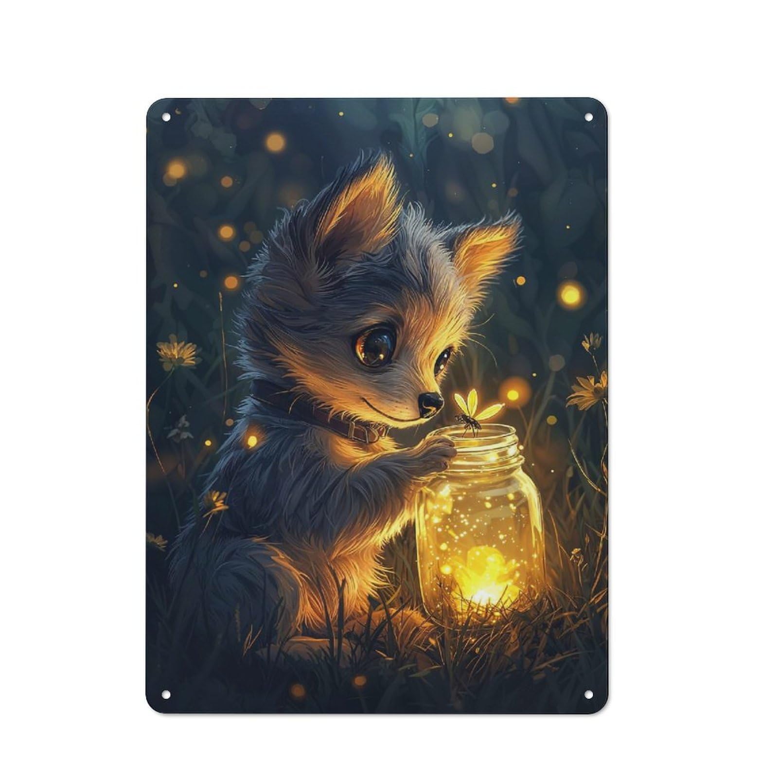 Cute Puppy with Fireflies Vintage Metal Wall Decor 40x30cm, Vintage Metal Sign for Cafe, Bistro, Bakery Or Restaurant