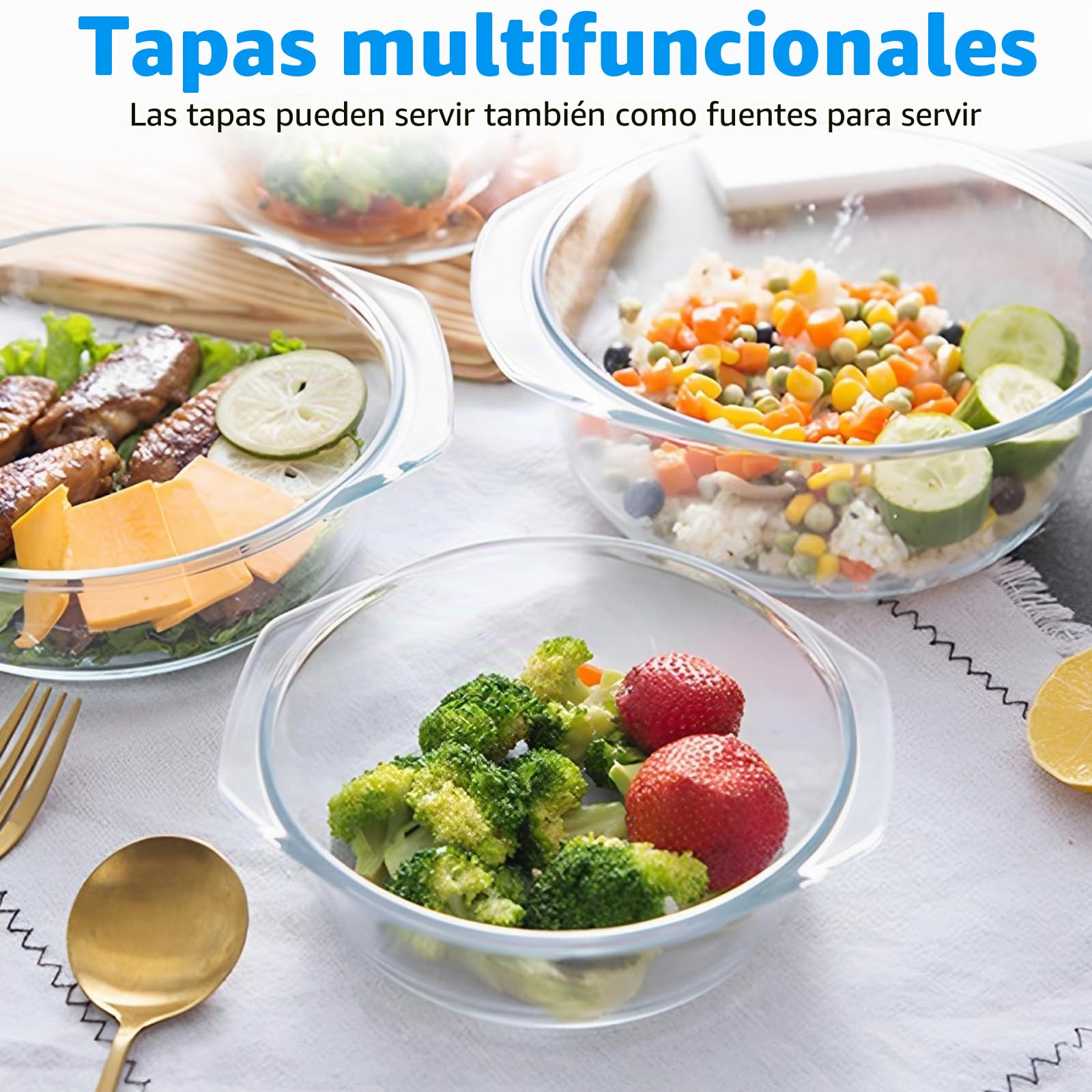 YAYODS 3 fuentes de cristal con tapa, 650/1000/1400 ml, redondas, para microondas con tapa redonda, apta para horno, con asas para ensalada de frutas, carne, microondas, horno