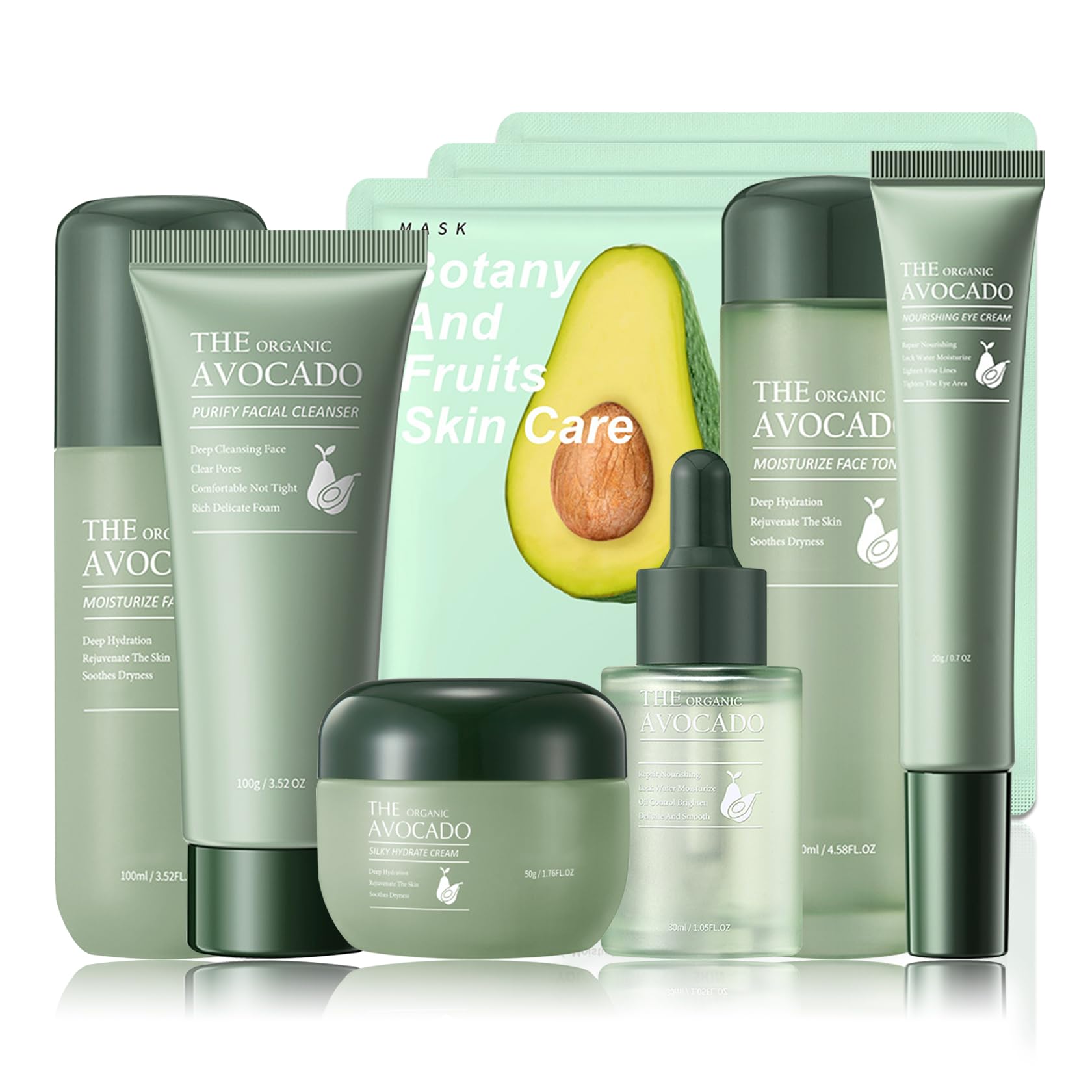 Avocado Face Skincare Set,9 Pcs Avocado Skin Care Set with Face Masks,Face Wash,Lotion,Toner,Face Serum,Face Moisturizer Cream,Eye Cream,Moisturizing Avocado Skin Care Kit