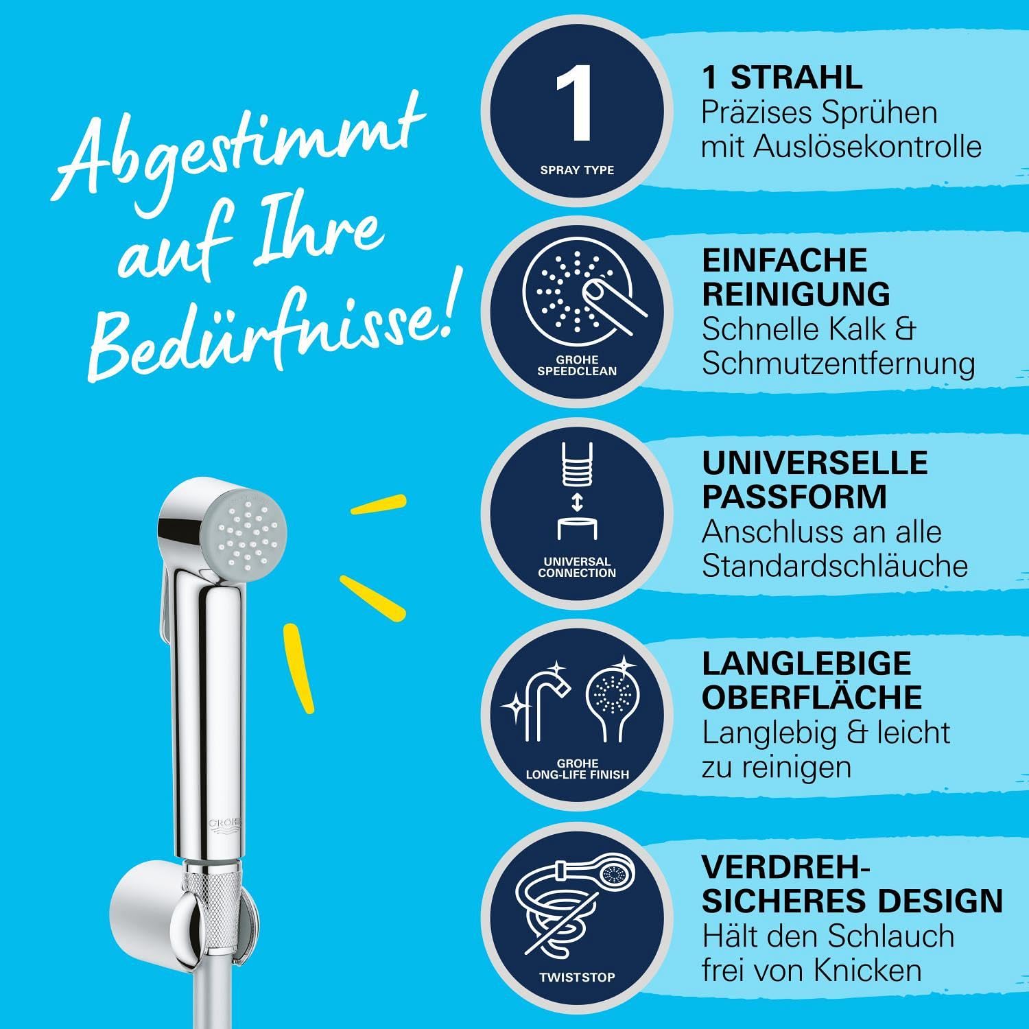 GROHE Vitalio, Bidet-Set für das WC (Bidet-Duschkopf mit 1 Strahlart, Duschschlauch 1,25m und Wandhalterung, langlebige Oberfläche, leicht zu reinigen), chrom, 26175001