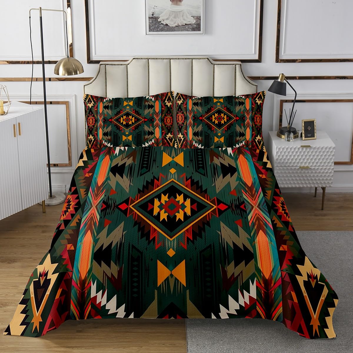 jejeloiu Southwest Geometric Bedspread Twin Size Kids Tribal Native Design Coverlet Set for Boys Girls Deep Green Quilted Coverlet Breathable Soft Lightweight Microfiber Room Decor