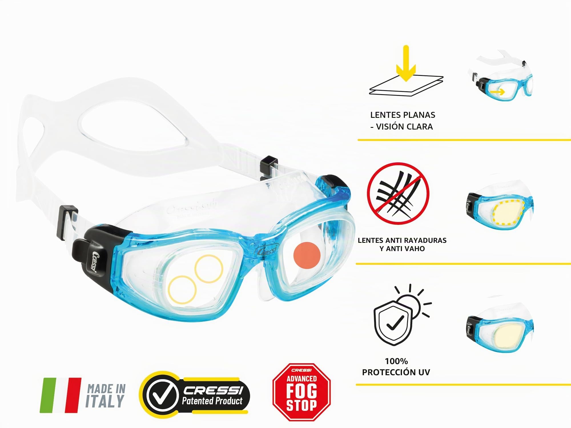 CRESSI Galileo Goggles T/Glass - Gafas de Natación Adultos con Lentes de Cristal Templado Antivaho 100% Anti UV, Talla Única