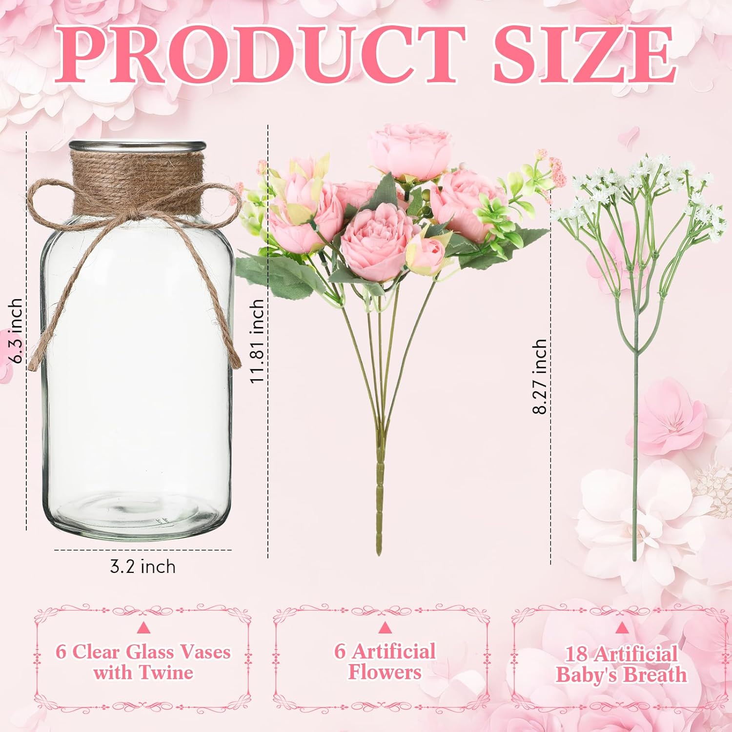 Zeyune 6 Sets Mason Jar Table Centerpiece with Artificial Peony Baby's Breath Flower Centerpieces Faux Flowers with Rope for Wedding Reception Engagement Bridal Shower Rustic Table Decor(Light Pink)
