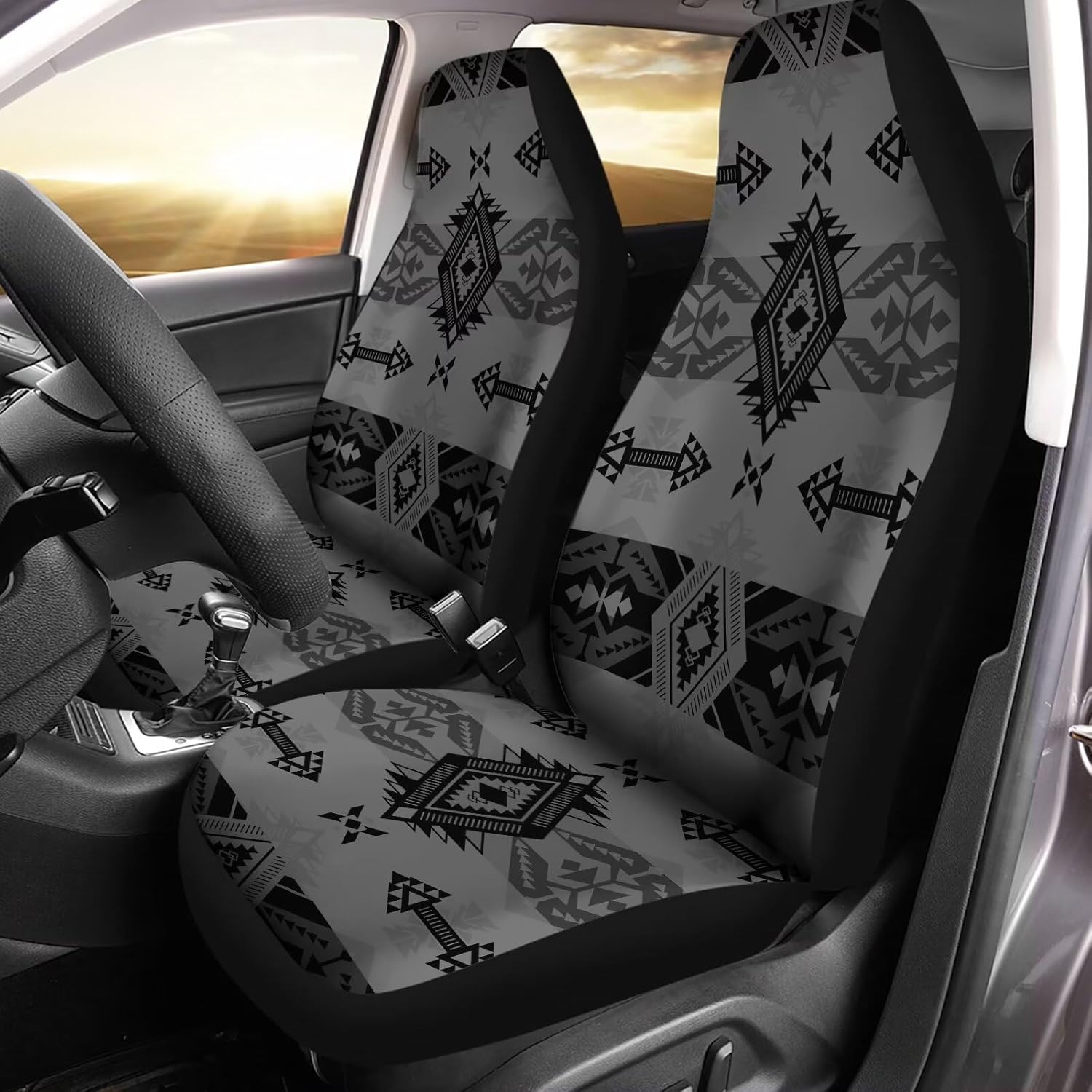 Bulopur Grey Aztec Southwest Print Automobile Seat Cover Sets, Car Accessories Interior Decor 2Pcs, Car Seat Protectors for Car, Truck SUVs