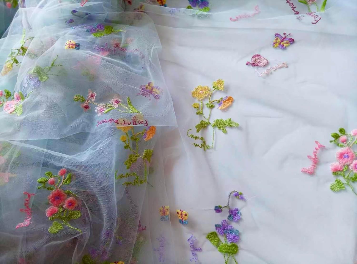 Elegant White Lace Fabric Tulle Fabric by Yard Colorful Floral Embroidery, 35x51in - Soft Tulle for DIY Dresses & Wedding Gowns, Hand Wash Only (White, 10 Yards (350 x 51 in))
