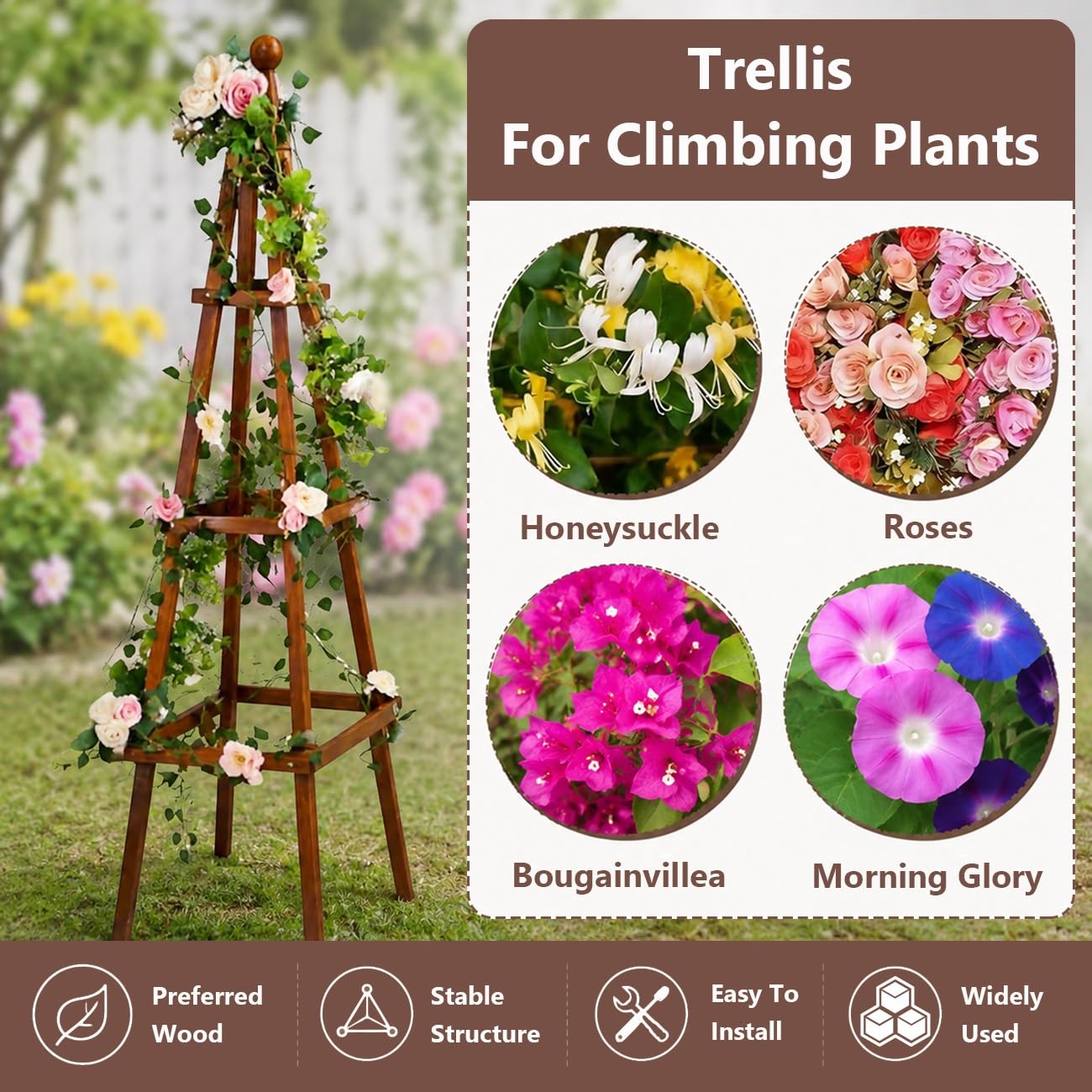 150cm Treillis Obélisque en Bois, Support pour Fleurs Plantes Grimpantes