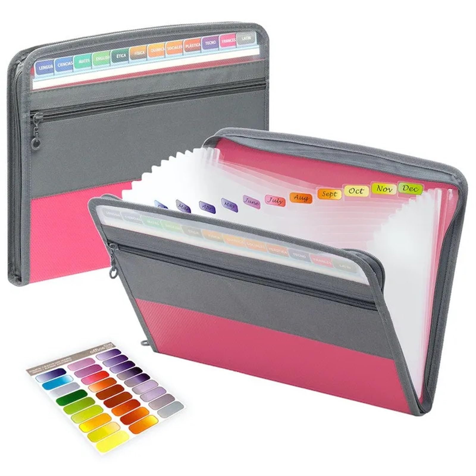 Organizador de archivos en acordeón de plástico, Organizador plástico del archivo acordeón, 13 bolsillos que se amplían con el cierre de cremallera multicolor(Pink)