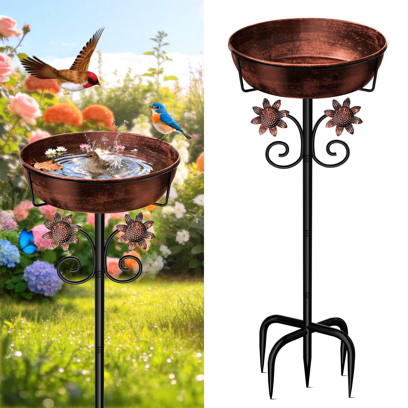 3' Deep Metal Bird Bath, Removable 12' Dia Vintage, LOVEBUY (Brush Bronze)