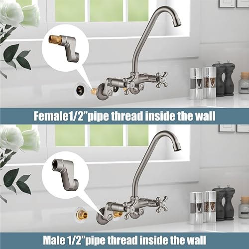 Miniatura 4 de Aolemi Grifo de cocina de montaje en pared, centro de 6 pulgadas con caño giratorio, extensión ajustable, 2 manijas cruzadas, lavabo, mezclador,