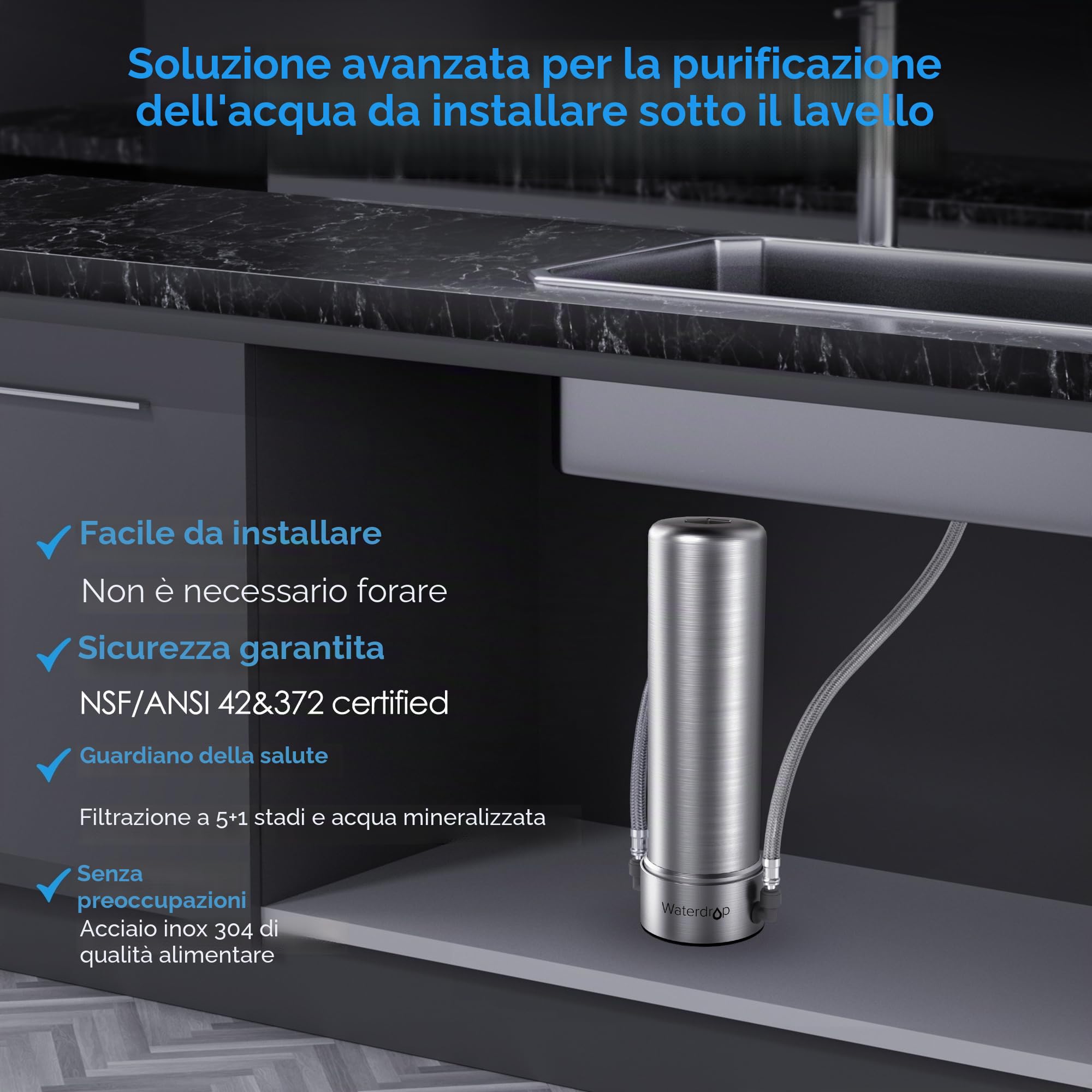 Waterdrop AS13 Filtro Acqua Sistema, 5+1 Stadi Acciaio Inossidabile Depuratore Acqua Domestico per Sotto Bancone 30K Litri, Rimuove di Piombo, Cloro, Cattivo, Certificato NSF/ANSI 42