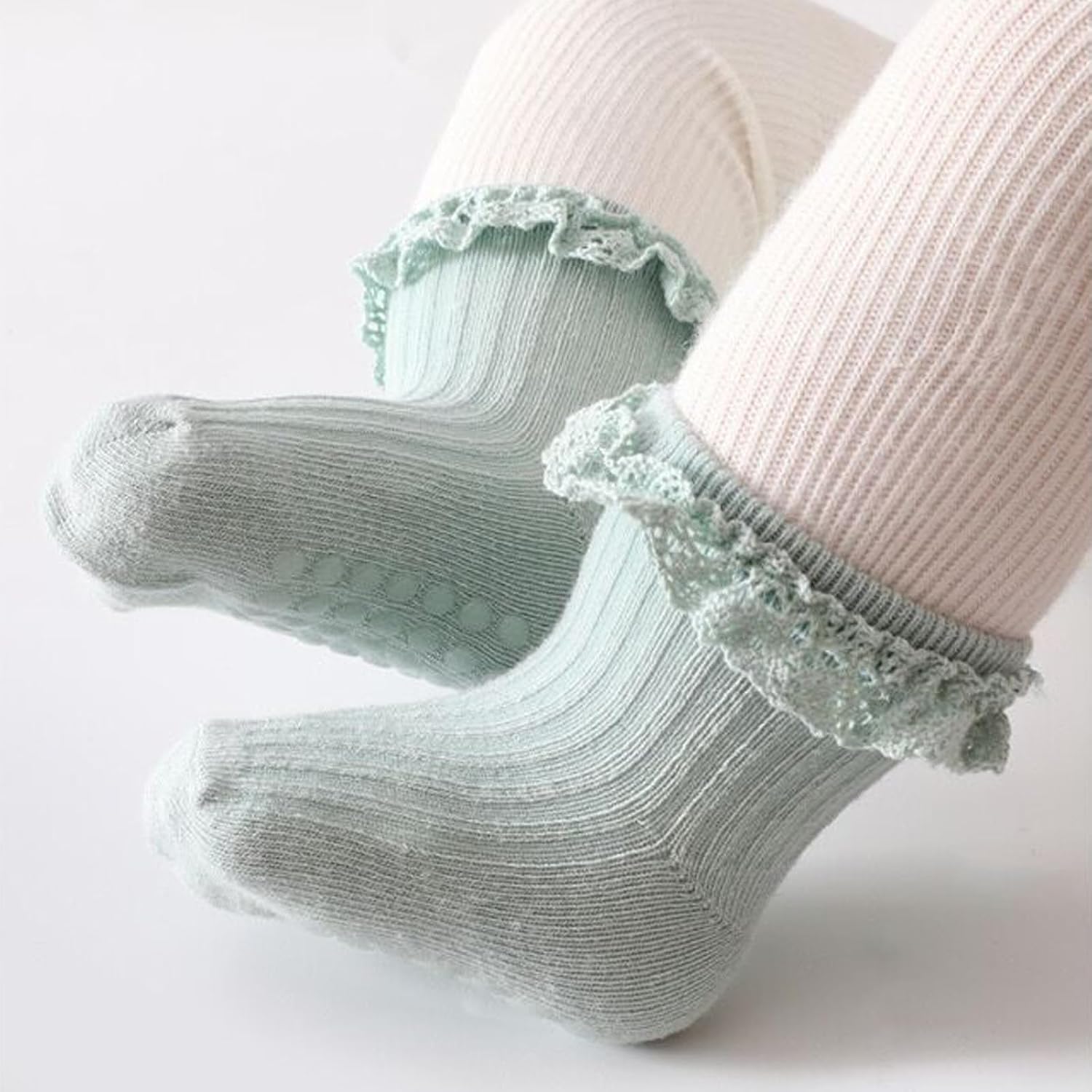 6 Pack Baby Toddler Girls Anti Slip Socks Ruffle Frilly Non Skid with Grips Cute Ankle Lace Socks for Infant Kids
