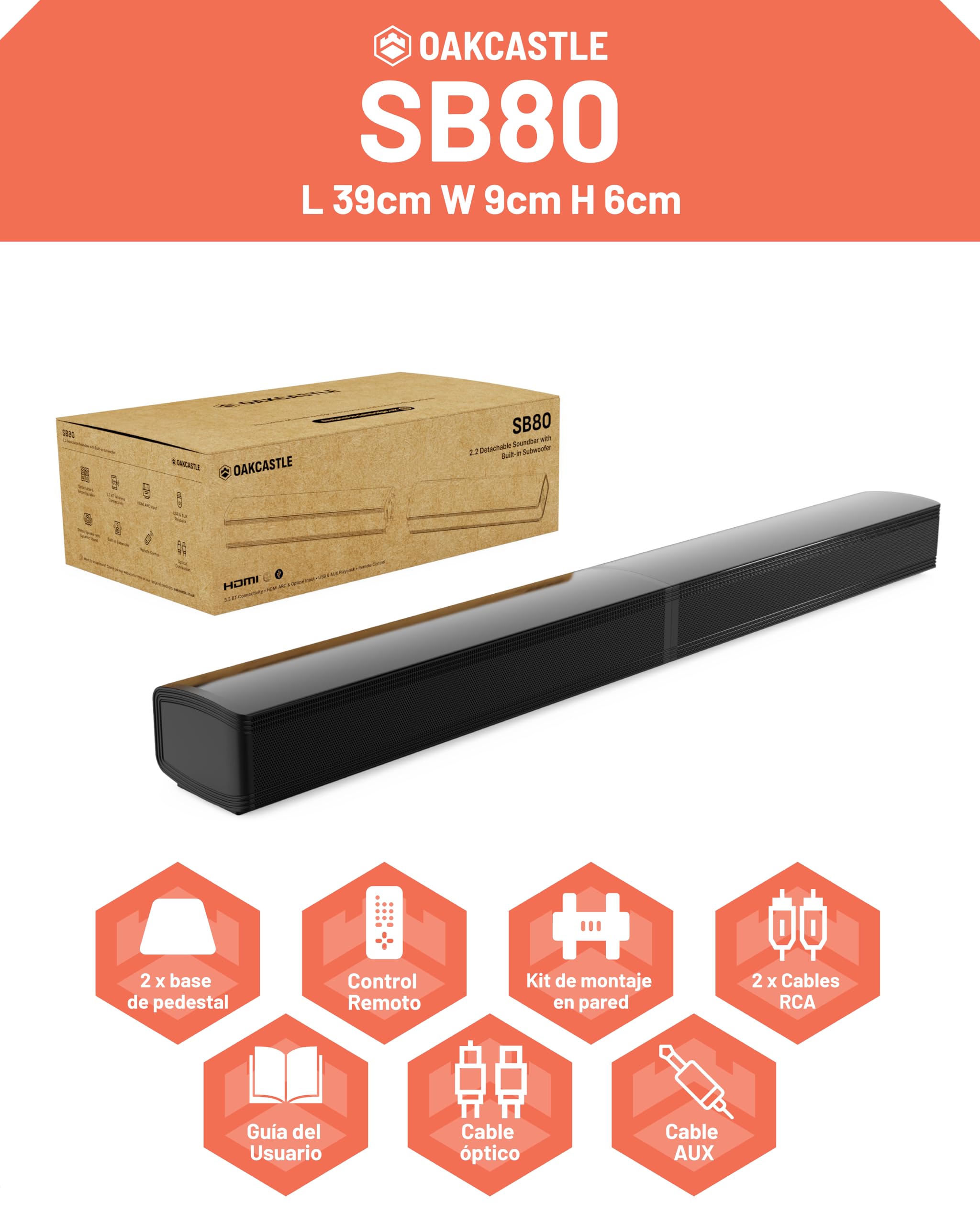 Oakcastle SB80 Barra de Sonido 200W 2.1 Canales Bluetooth 5.3 HDMI ARC Óptica AUX USB Soundbar