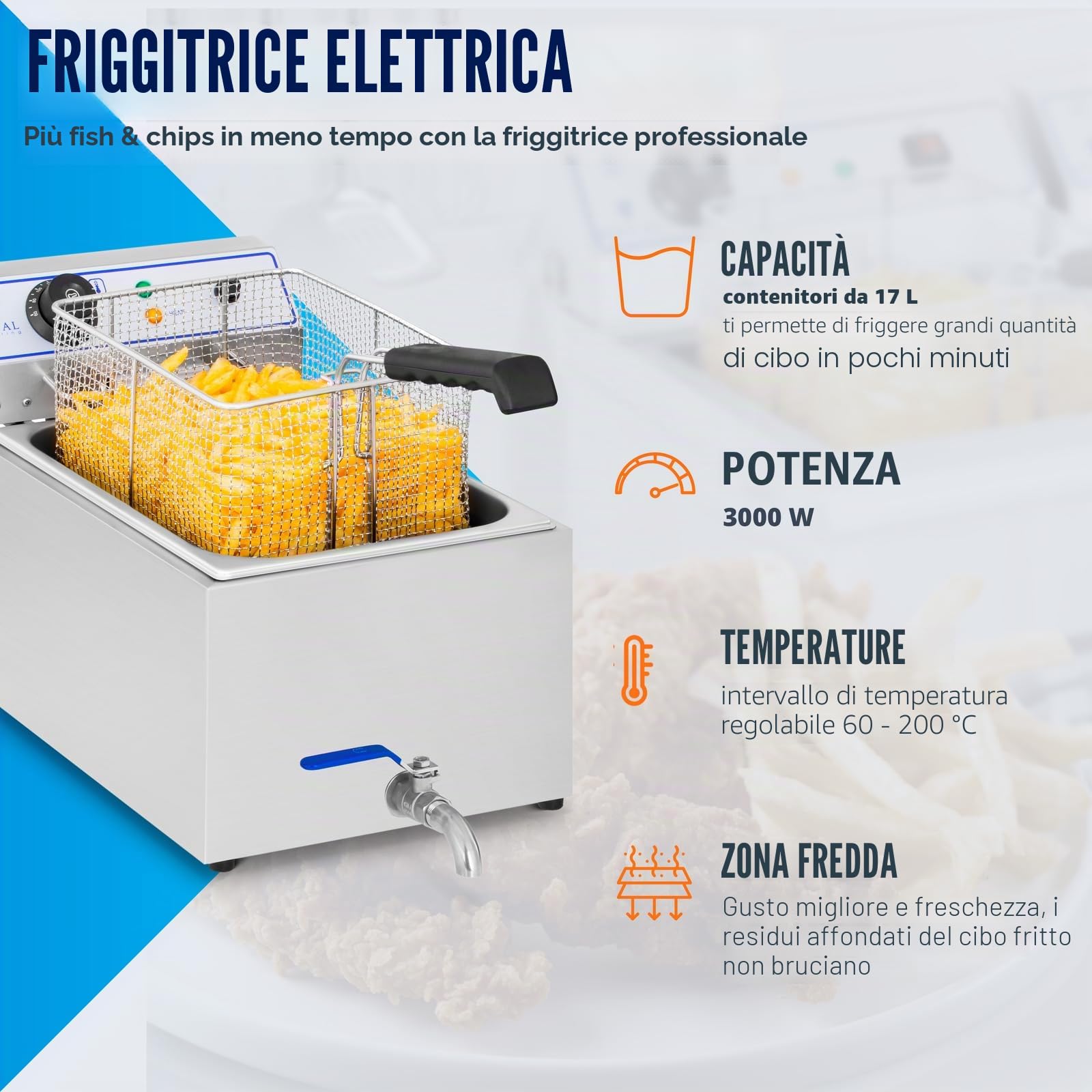 Royal Catering RCEF 15E Friggitrice Professionale Friggitrice Elettrica (17 L, 3.000 W, Termostato, Intervallo della temperatura 60-200 °C, Rubinetto di scarico) Acciaio Inox