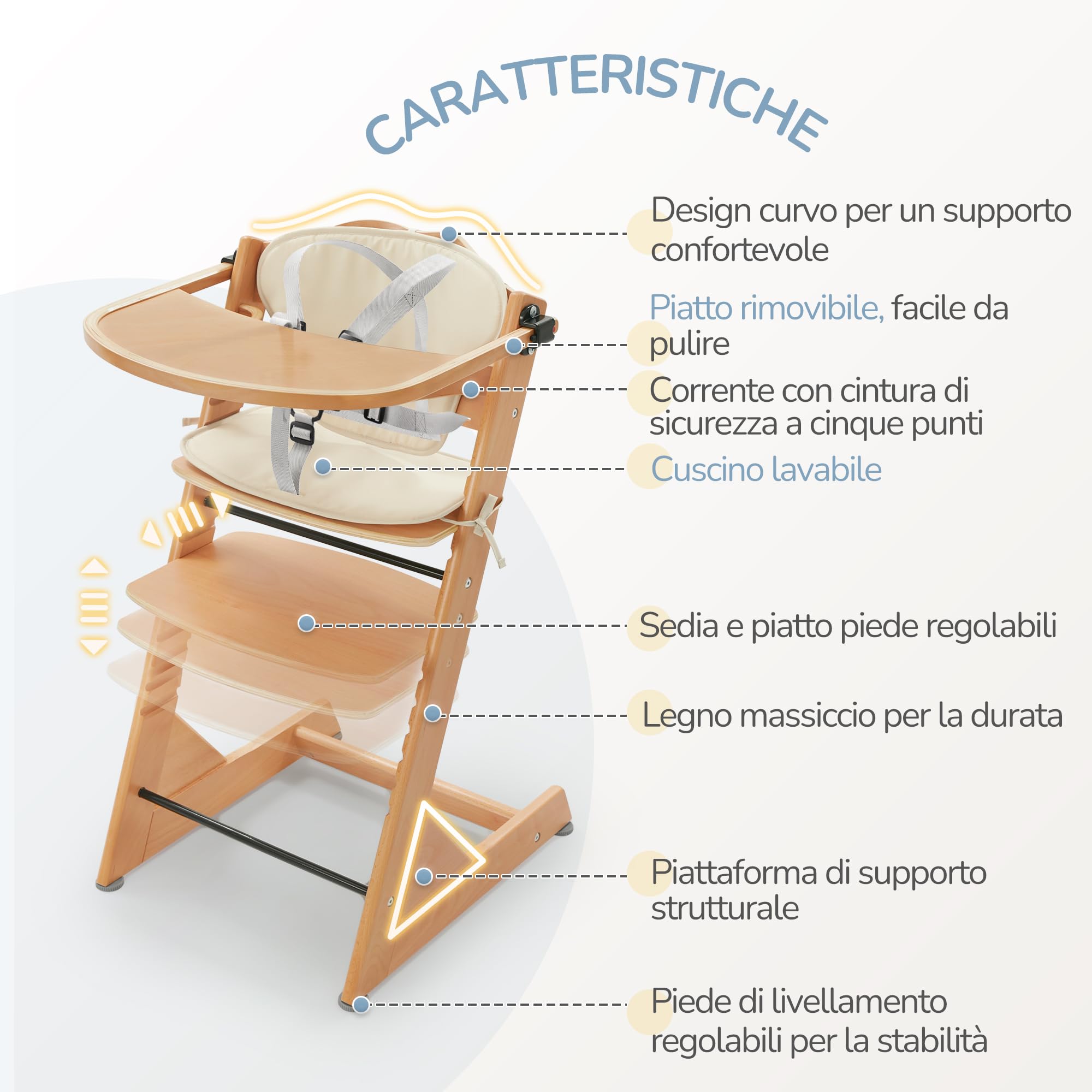 LUE BONA Seggiolone pappa,Evolutivo Seggiolino da Tavolo per bambini,Con Vassoio Rimovibile,Cuscino e Cintura di Sicurezza Pratico per Neonati e Bambini,Naturale