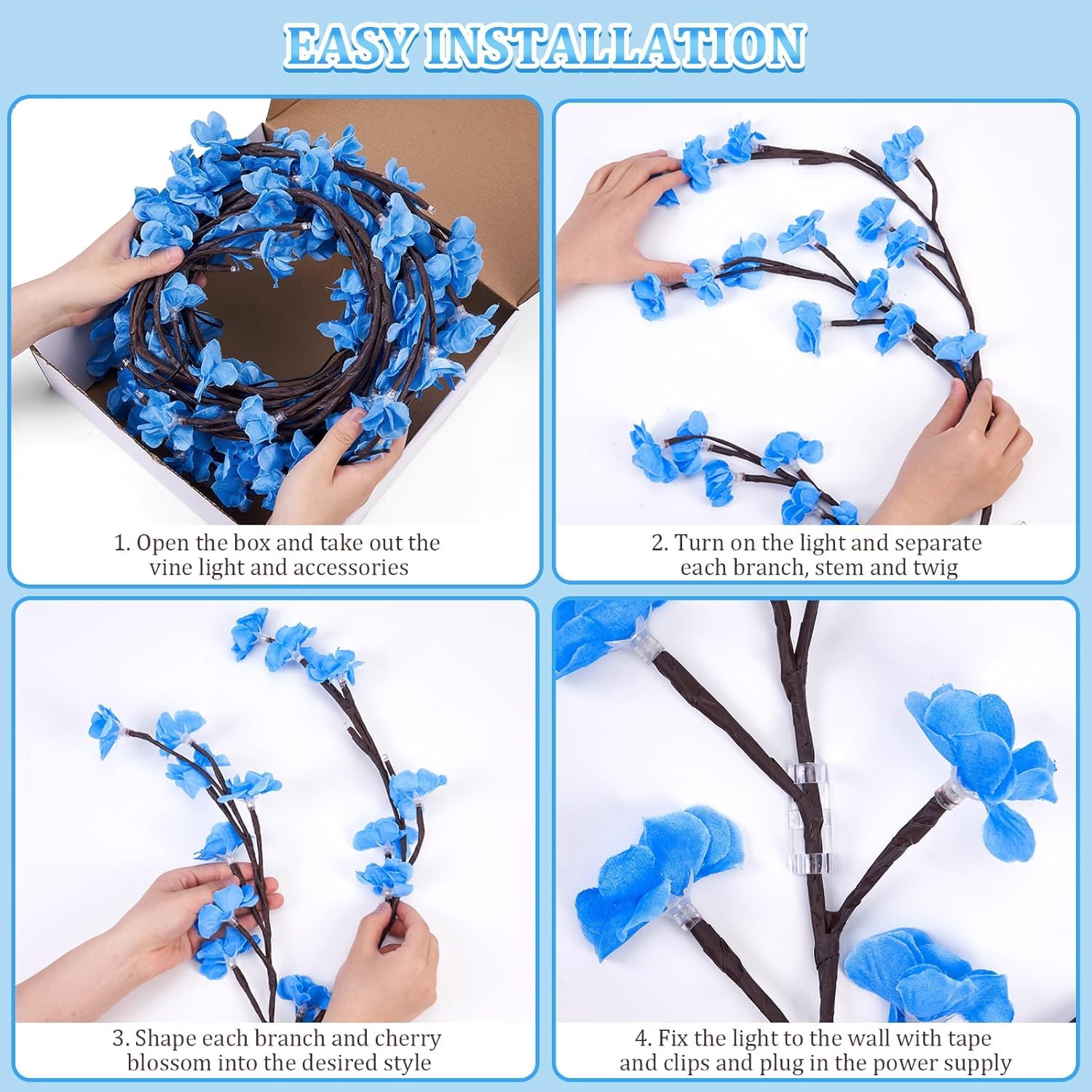 gresonic Leichte Kette, Rosa, Dekoration, USB, Weidenrebe mit Fernbedienung, 8 Modi, Zweig, Rosa, für Wein, Dekoration, Schlafzimmer, acht Dekoration (Blue Cherry Blossom 144 LED)