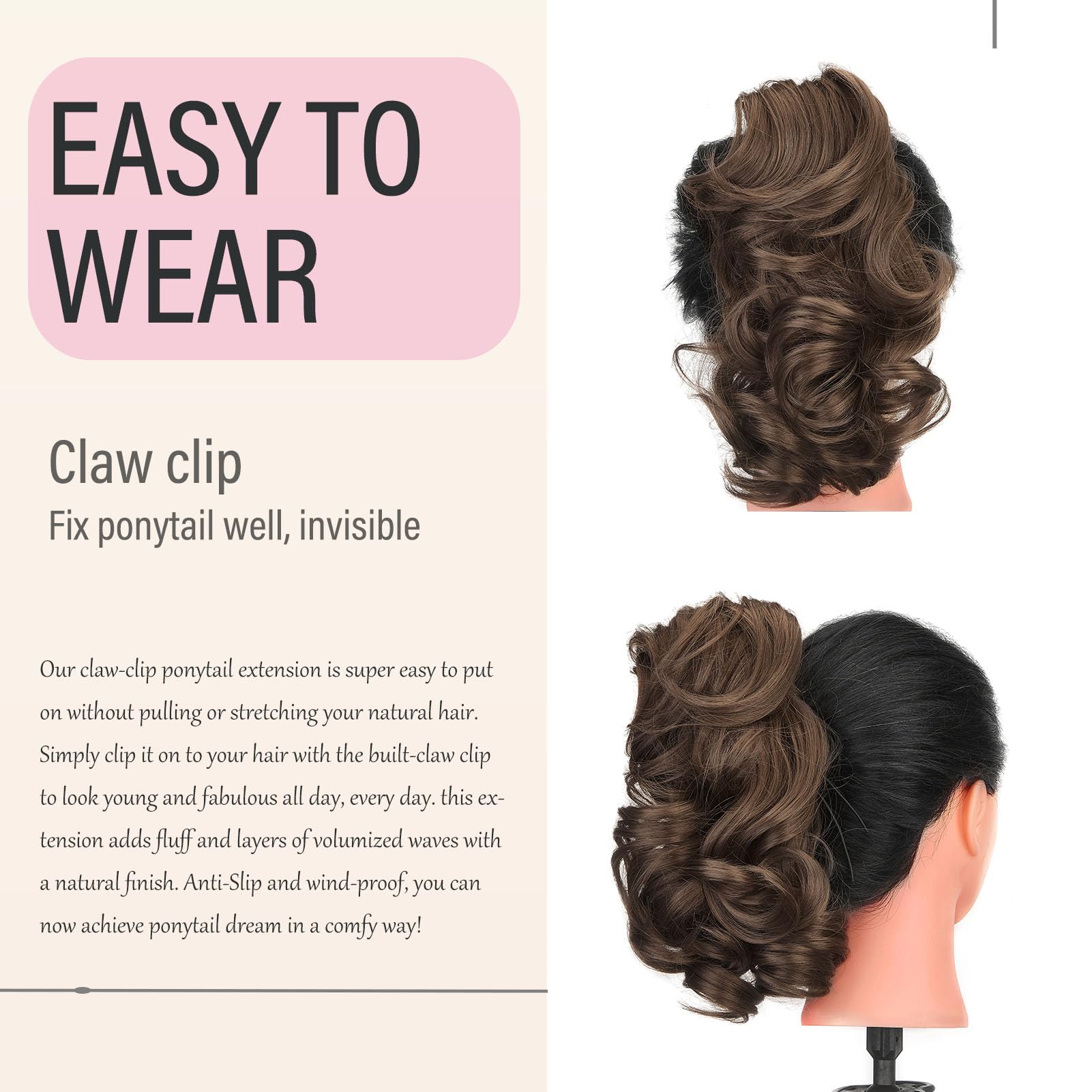 Dcbaboo Short Ponytail Extension Curly 12inch Claw Clip in Ponytail Hair Extensions Long Wavy Synthetic Pony tails Natural Wave One Piece Hairpiece Fake Ponytail for Women Dark Brown/Dark Auburn - Image 4