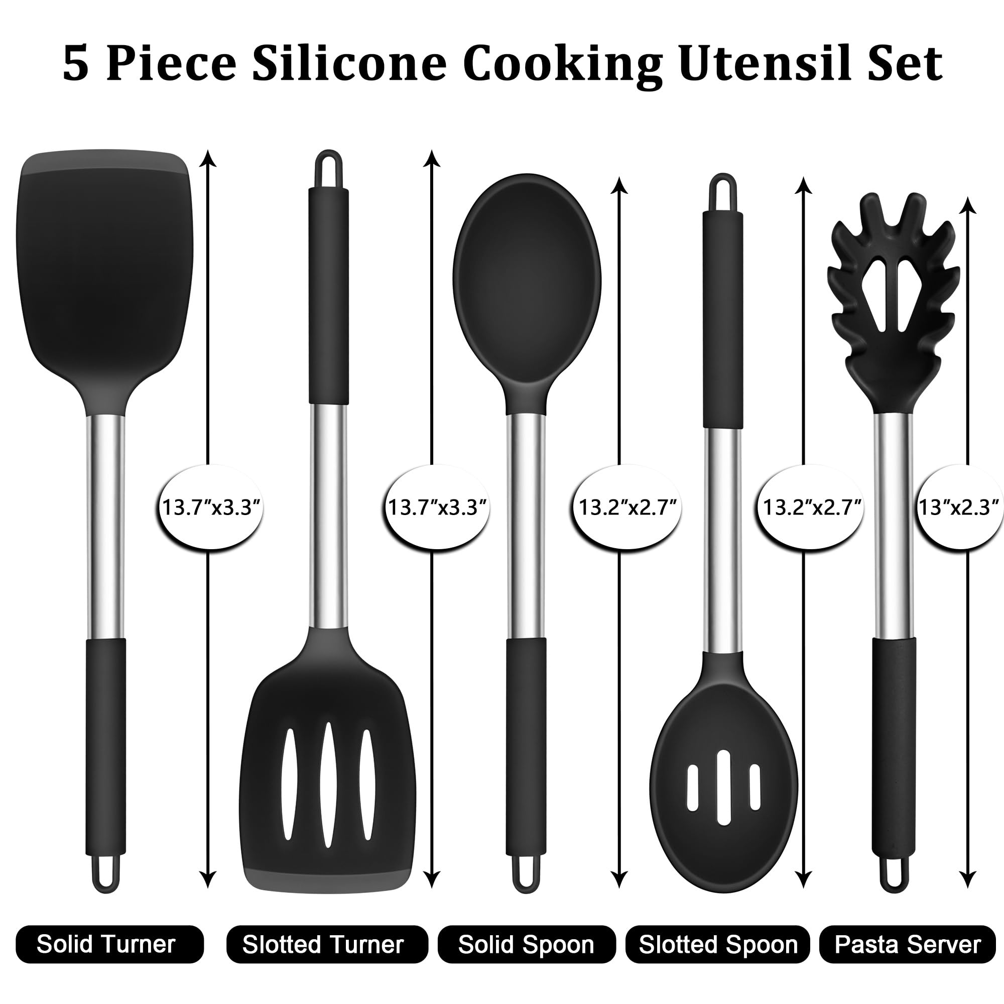TeamFar Cooking Utensils Set, 5 PCS Silicone Kitchen Utensils with Stainless Steel Handle, for Nonstick Cookware Flipping Frying Turning Draining, Heatproof & Healthy, Nonstick & Easy Clean, Black
