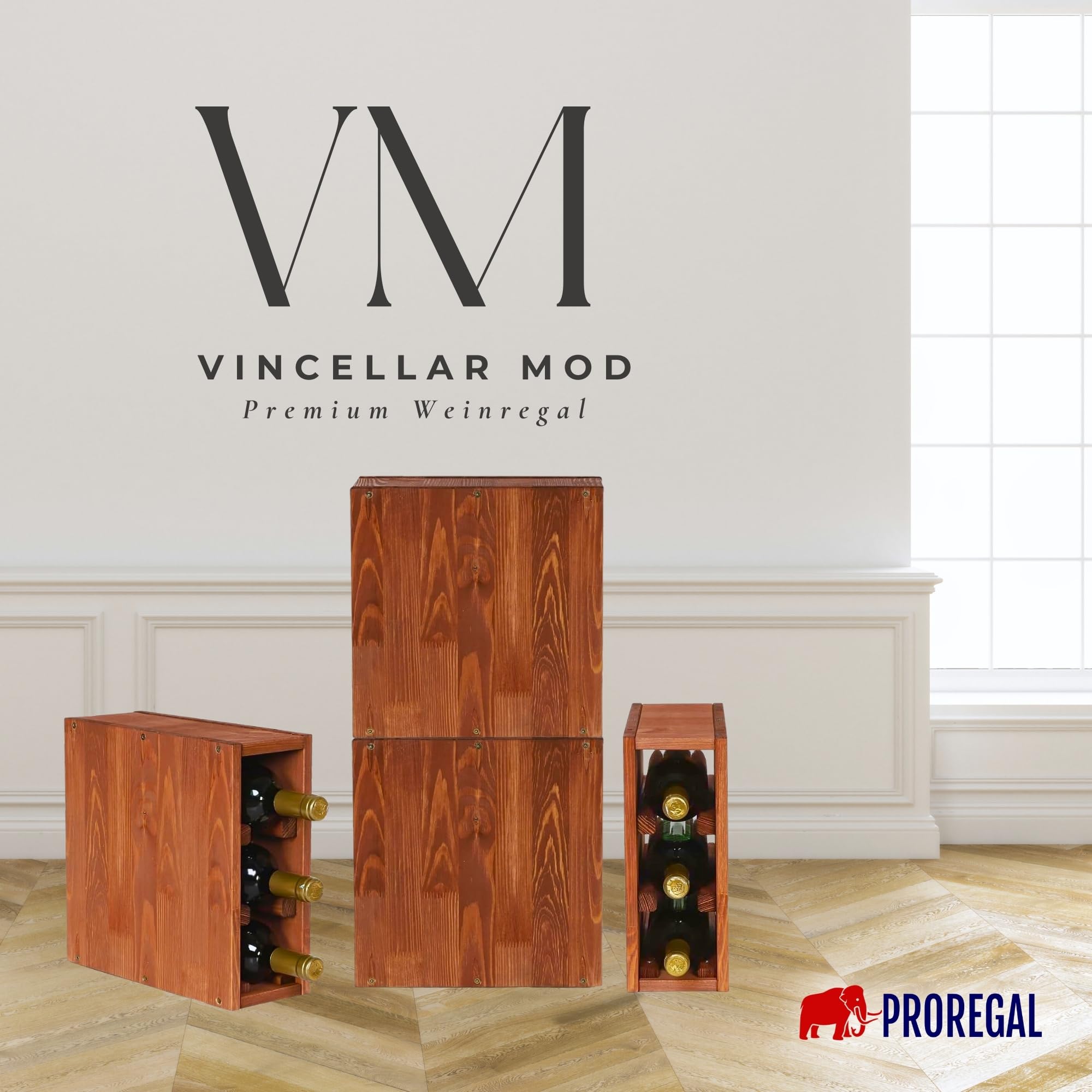 PROREGAL Modulares Weinregal VINCELLAR MOD | HxBxT 30x12x30cm | Schmal Modul für 3 Flaschen | Massives Kiefernholz | Braun geölt | Weinhalter Weinständer Flaschenständer Flaschenregal Holzregal