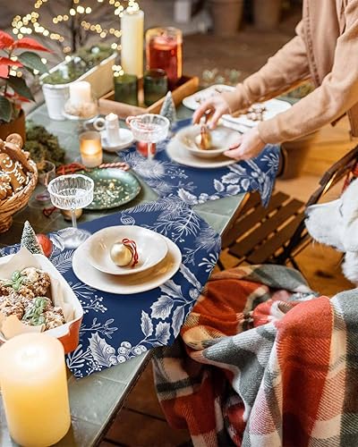 Miniatura 2 de Juego de 6 manteles individuales azules de Navidad, diseño floral de hojas de pino, resistentes al calor, lavables, manteles individuales de algodón