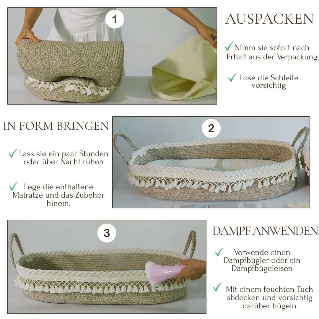 SEBRAM Wickelkorb Baby – Handgefertigte Wickelauflage mit Liebe, Wasserdichte Matratze und Tragetasche | Sicher & Schön fürs Babyzimmer – Farbe: Beige