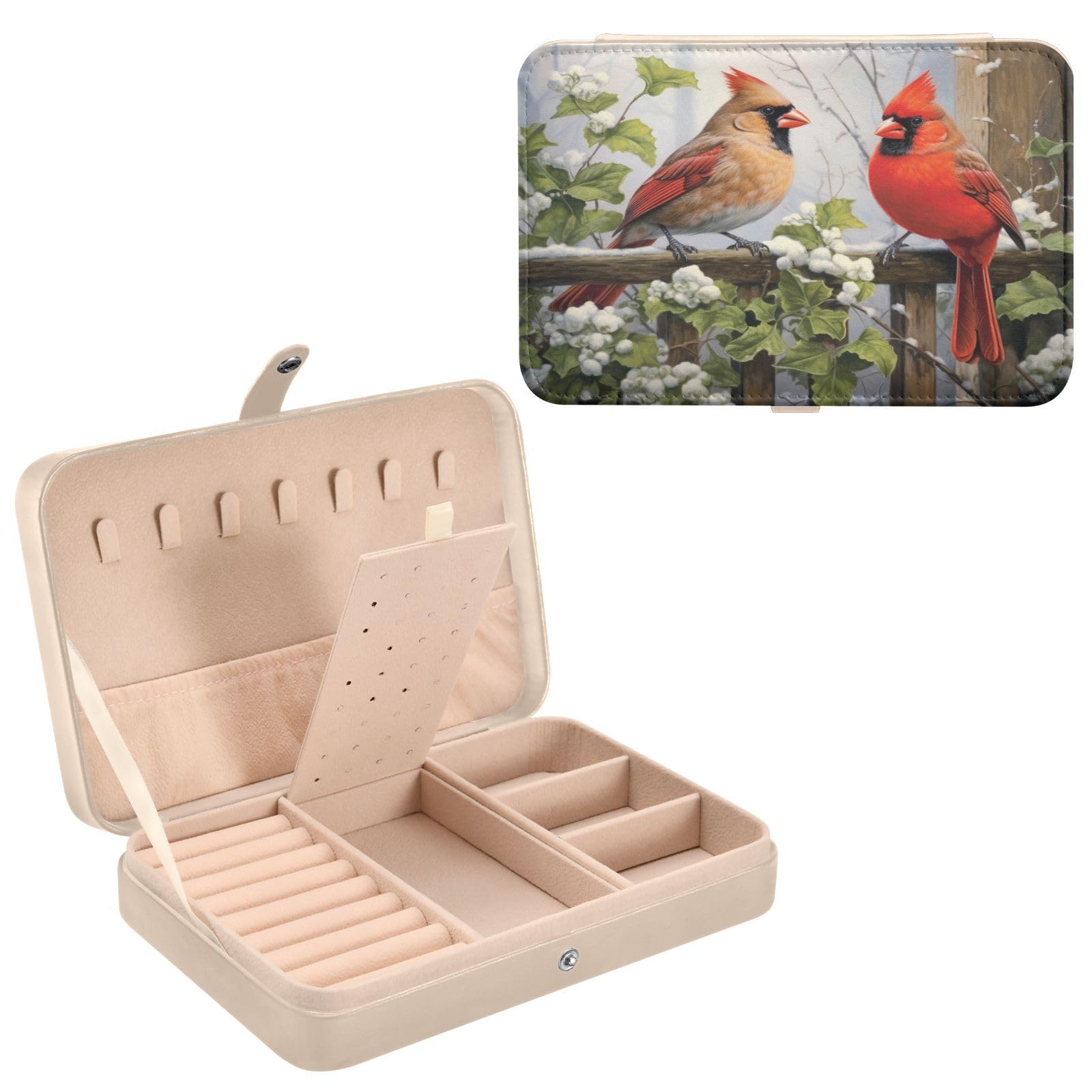 Kigai Jewelry Box for Women Girls Christmas Cardinals Portable Travel Jewelry Storage Holder PU Leather Jewelry Organizer for Necklace Earrings Rings