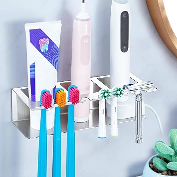 Electric Toothbrush Head Holders, Electric Toothbrush Holders Wall Mounted, Shower Electric Head Holder, Toothbrush and Toothpaste Holder, Tooth Brushing Holder for Bathroom Silver, Large