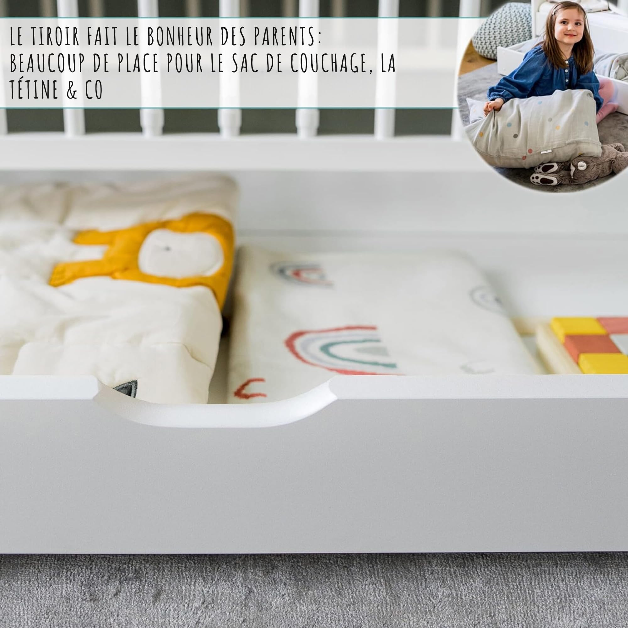 Kids Collective Lit d'appoint pour bébé - 120 x 60 cm - Blanc - avec tiroir - Réglable en Hauteur et Transformable