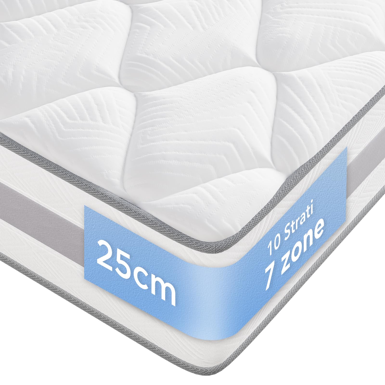 Materasso, 90x200 cm, Materasso a molle insacchettate，Altezza 25 cm, Ortopedico e Ergonomico, Anallergico e Antibatterico，materasso a 10 strati di comfort e supporto