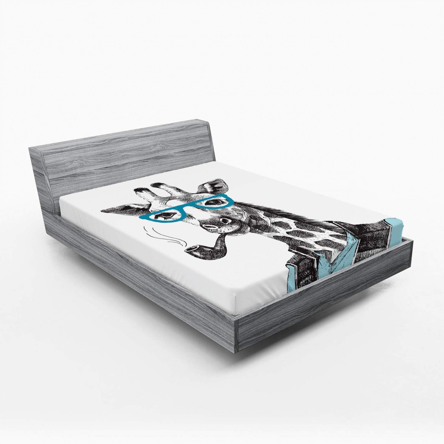 Ambesonne Hipster Fitted Sheet, Hand Drawn Funny Giraffe with Glasses Vest Vintage Mono Colored Illustration, Bed Cover with All-Round Elastic Deep Pocket for Comfort, Queen Size, Blue Grey