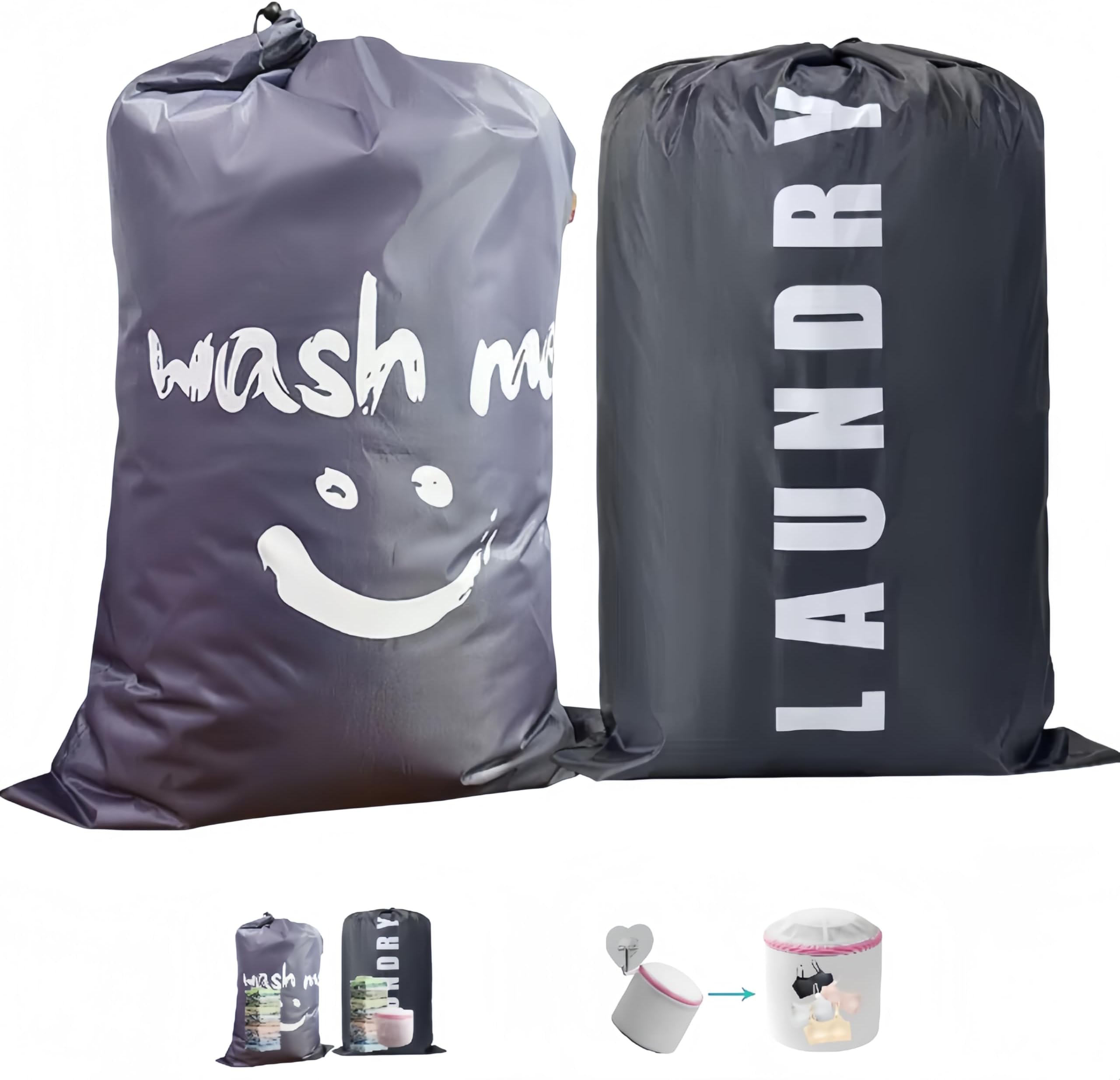 MESTURL Laundry Bags 3Pcs Set:2 Wash Me Laundry Bags and 1 Bra Laundry Bag,Travel Laundry Bags for Machine Washable Travel (Gray)