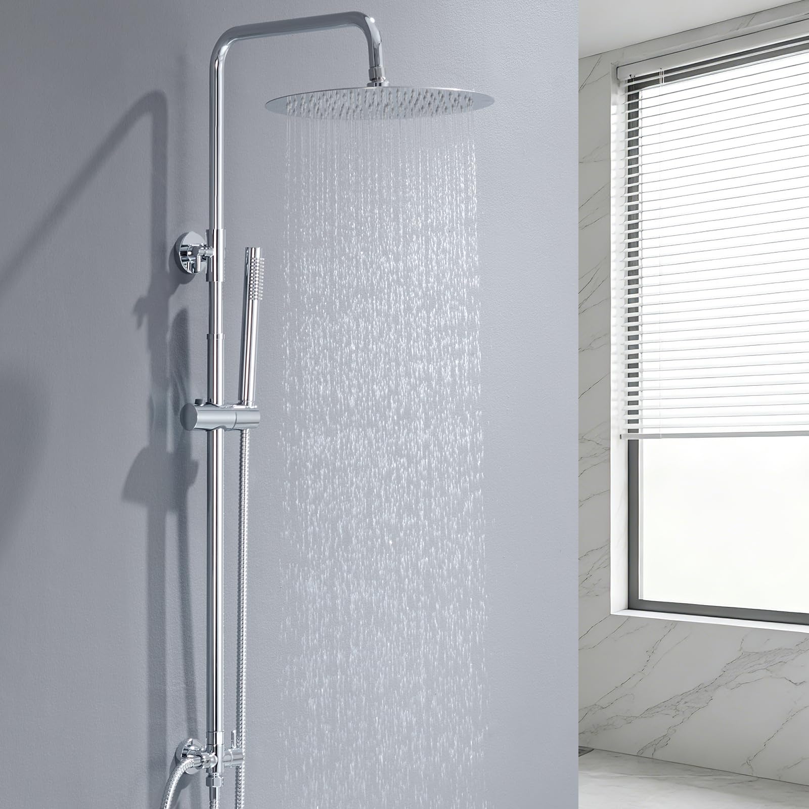Auralum Regendusche ohne Armatur, Duschset Edelstahl mit Regendusche Duschkopf,Duschsystem mit Messing-Wasserteiler, Höhenverstellbar Duschstange